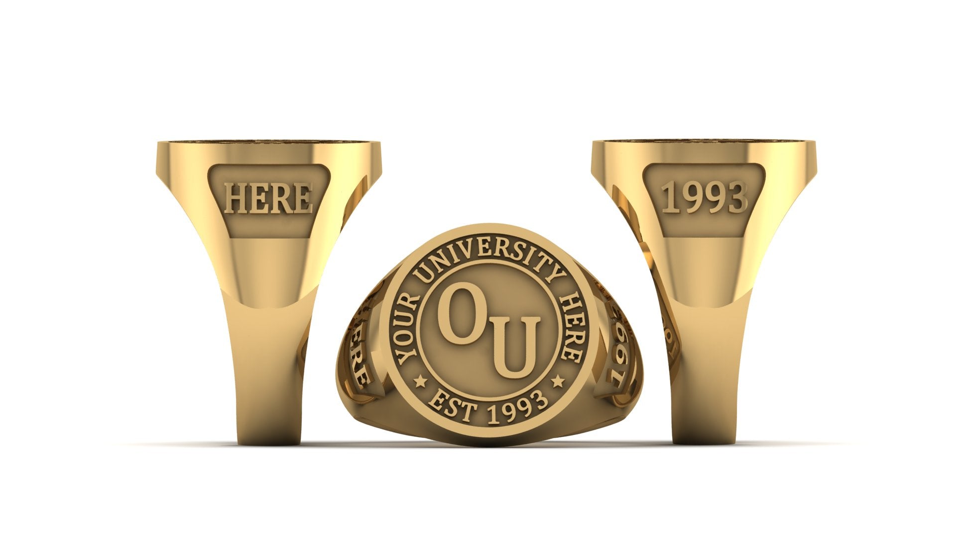 Gold ring with 'OU' initials and '1993' on a white background