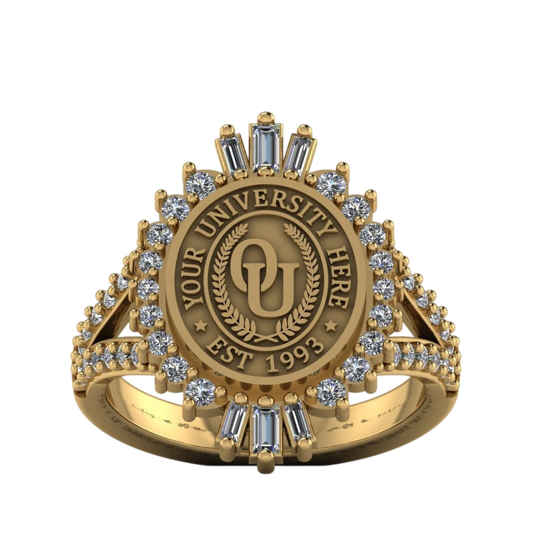 Gold ring with university emblem and diamond accents on a white background
