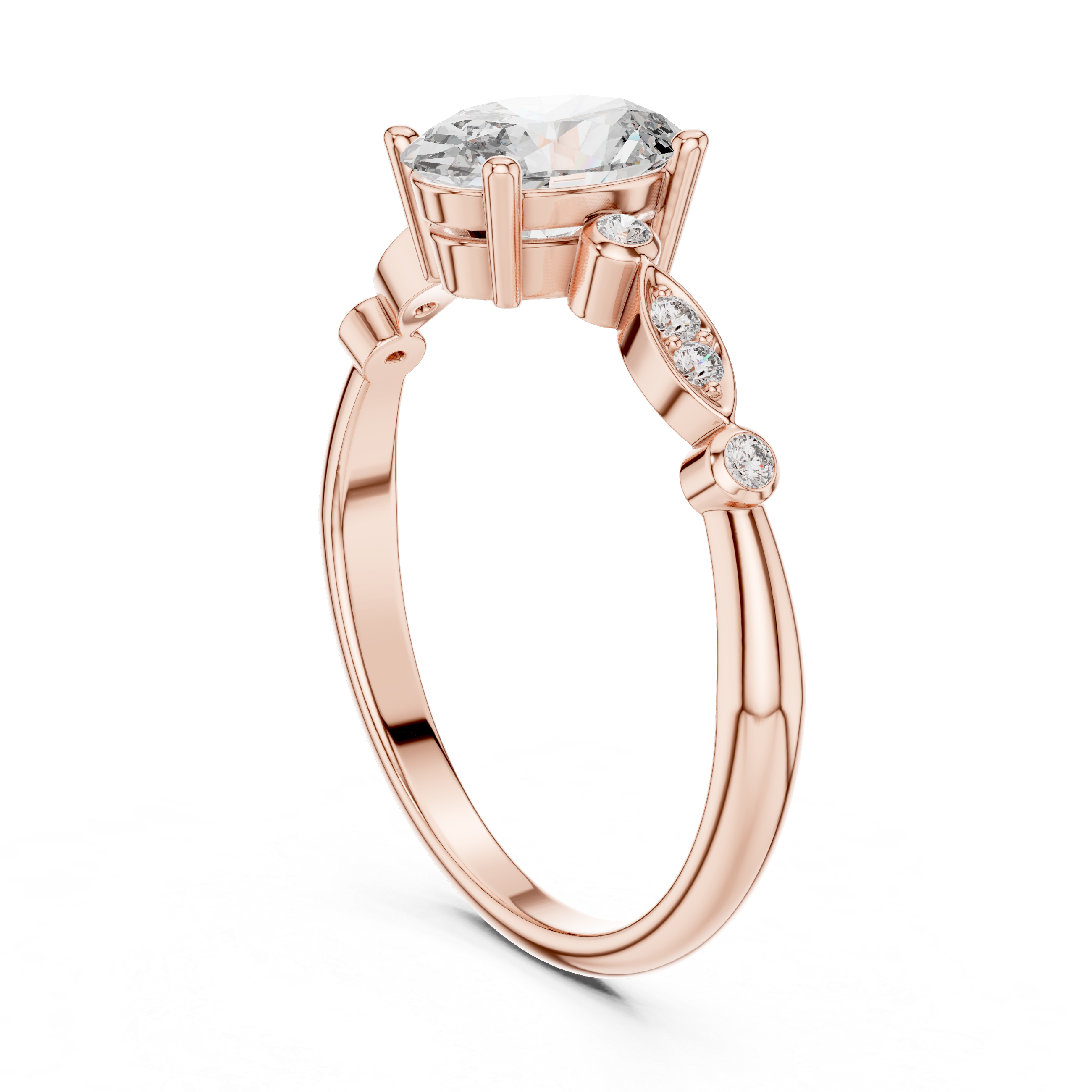 Vintage Inspired Oval Solitaire Engagement Ring with Marquise Side Accents