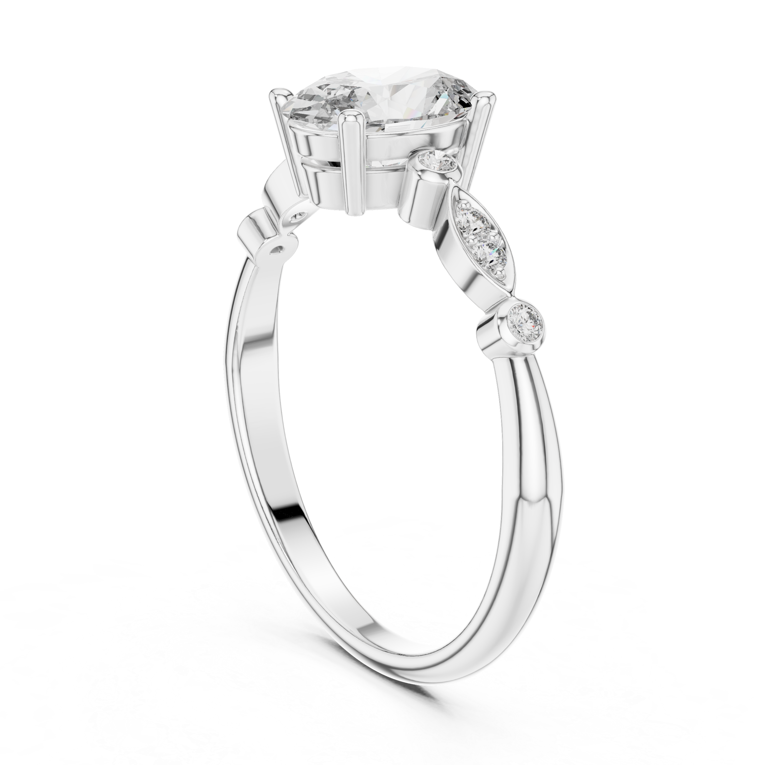 Vintage Inspired Oval Solitaire Engagement Ring with Marquise Side Accents