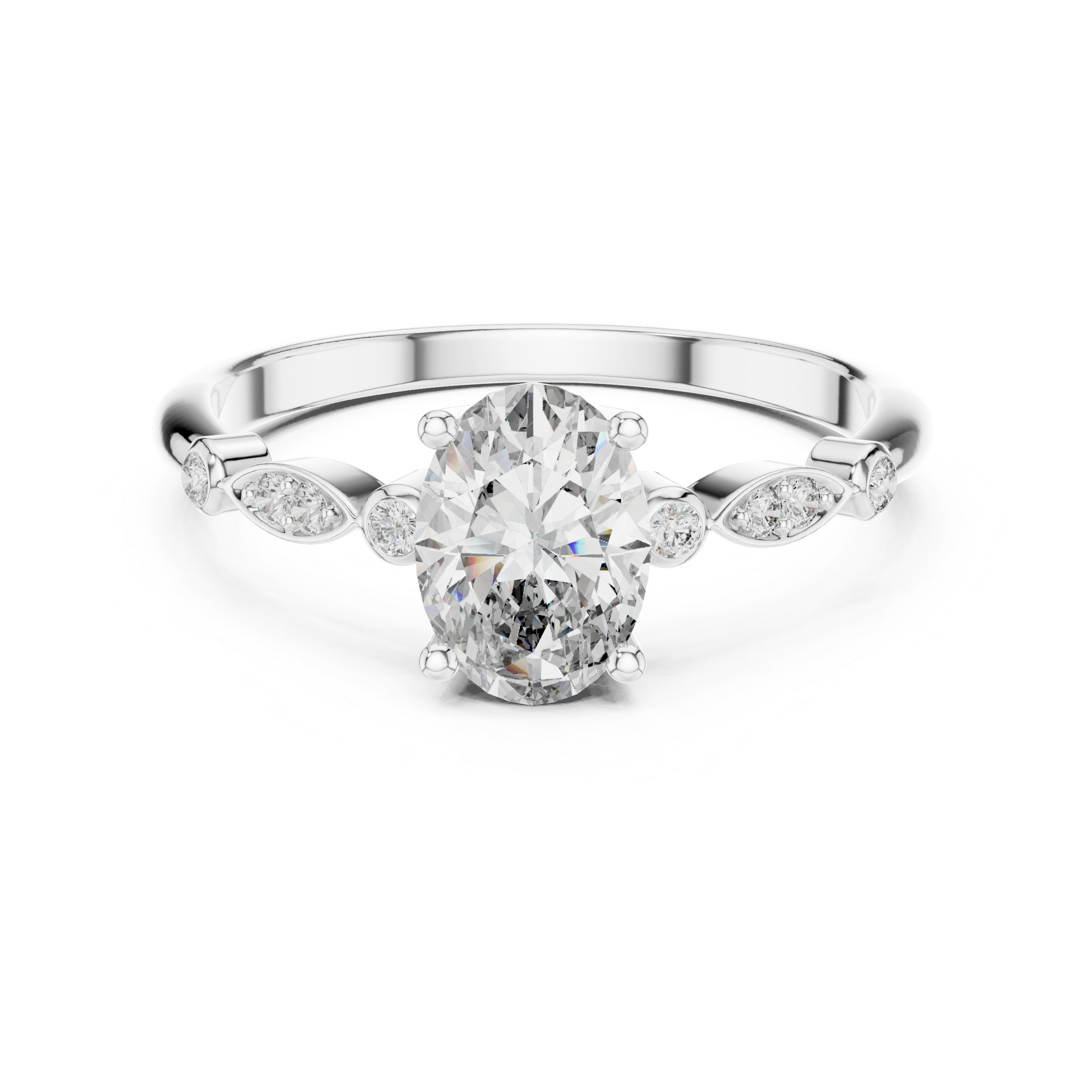Vintage Inspired Oval Solitaire Engagement Ring with Marquise Side Accents