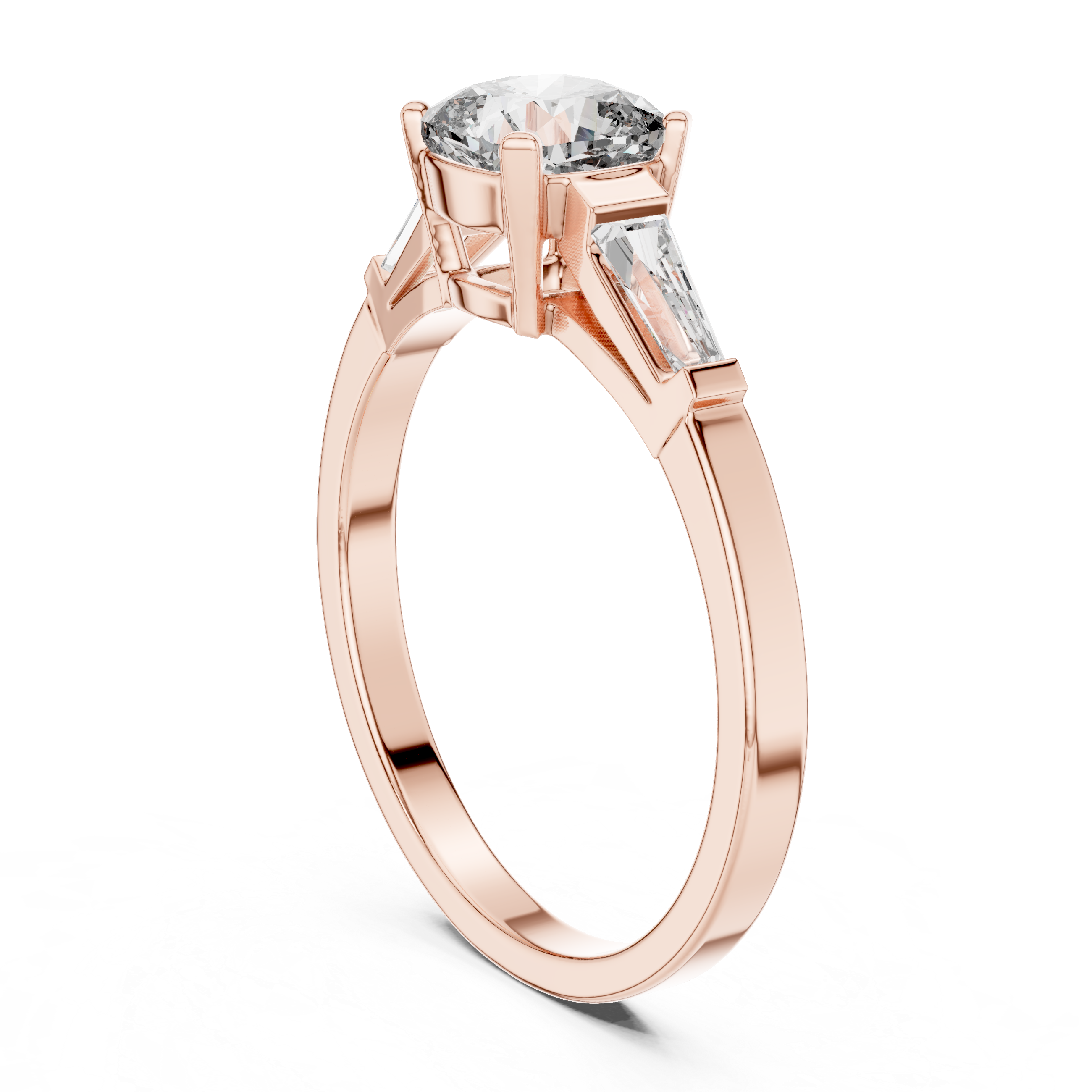 Cushion Cut Three Stone Engagement Ring with Tapered Baguette Side Stones