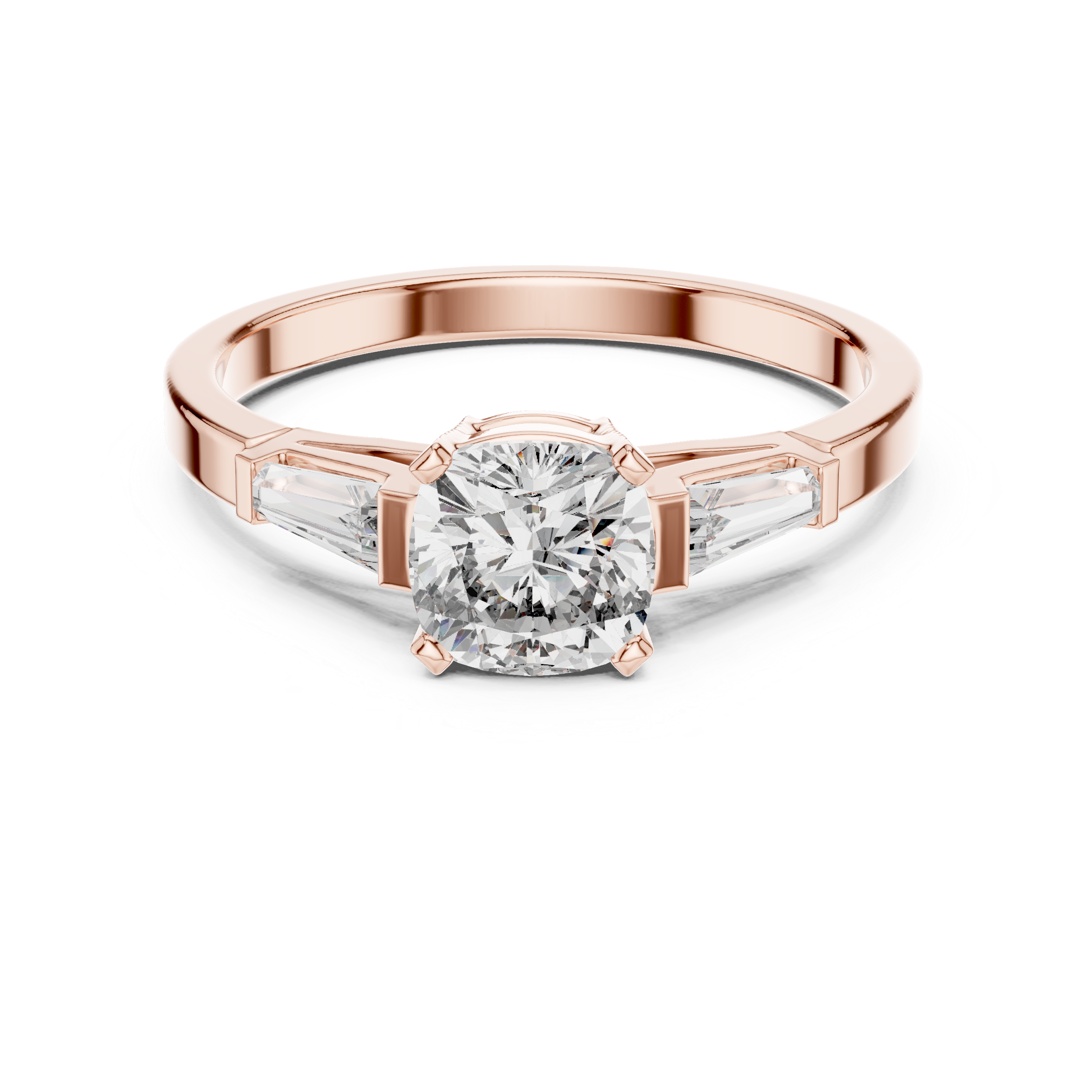 Cushion Cut Three Stone Engagement Ring with Tapered Baguette Side Stones
