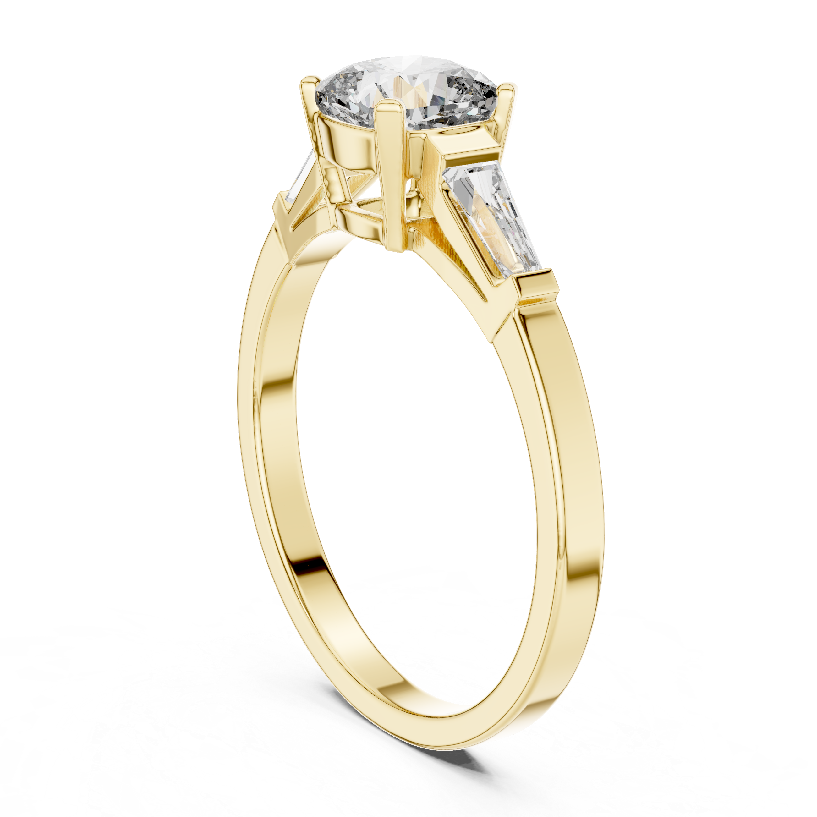 Cushion Cut Three Stone Engagement Ring with Tapered Baguette Side Stones