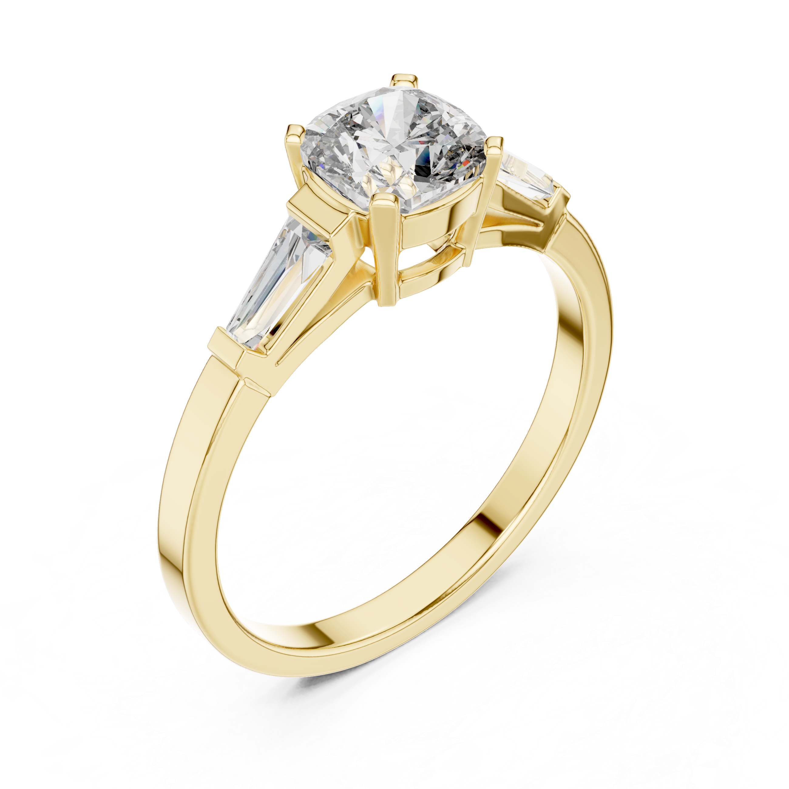 Cushion Cut Three Stone Engagement Ring with Tapered Baguette Side Stones