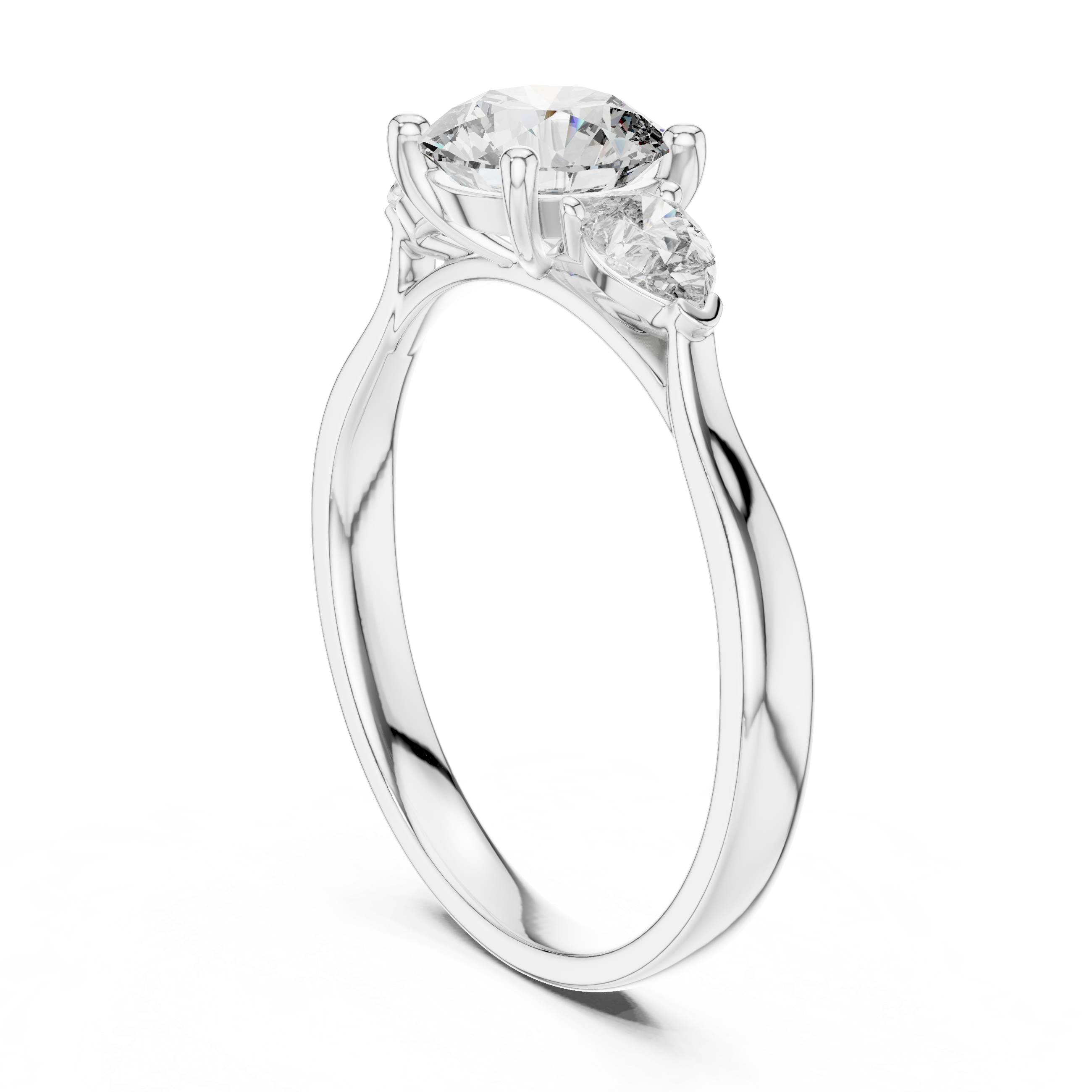 Round Cut Three Stone Engagement Ring with Pear Side Stones