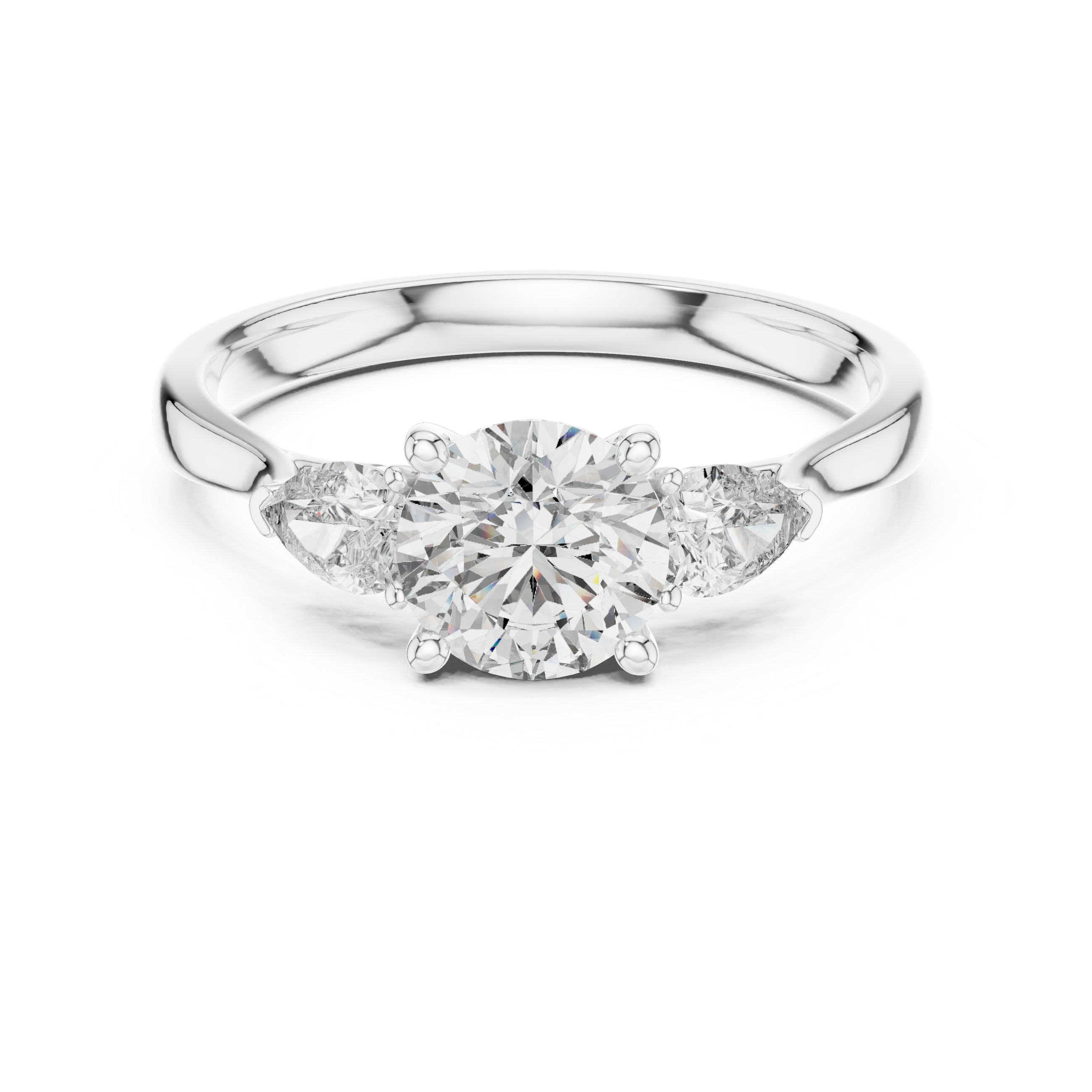 Round Cut Three Stone Engagement Ring with Pear Side Stones