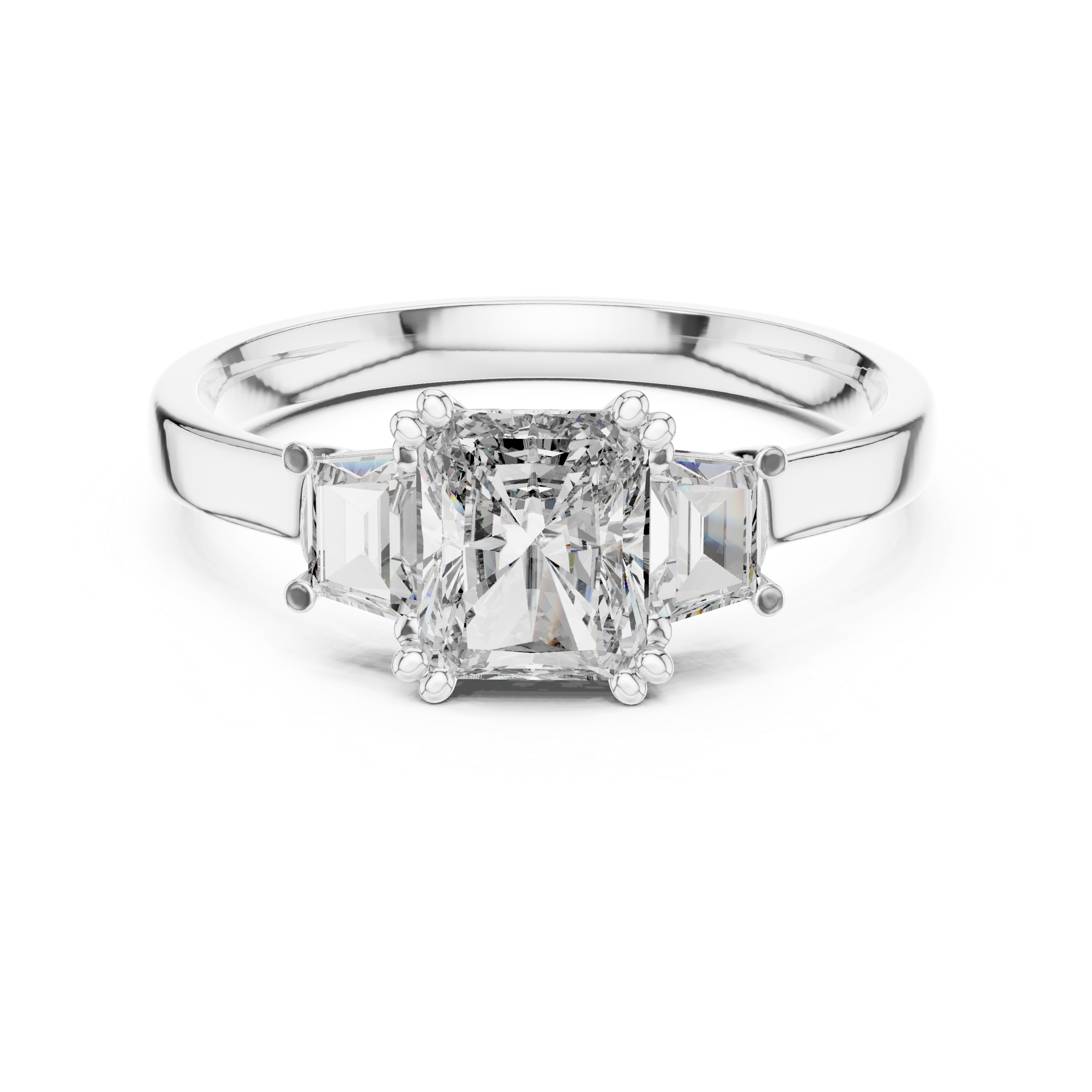 Radiant Cut Three Stone Engagement Ring with Tapered Baguette Side Stones