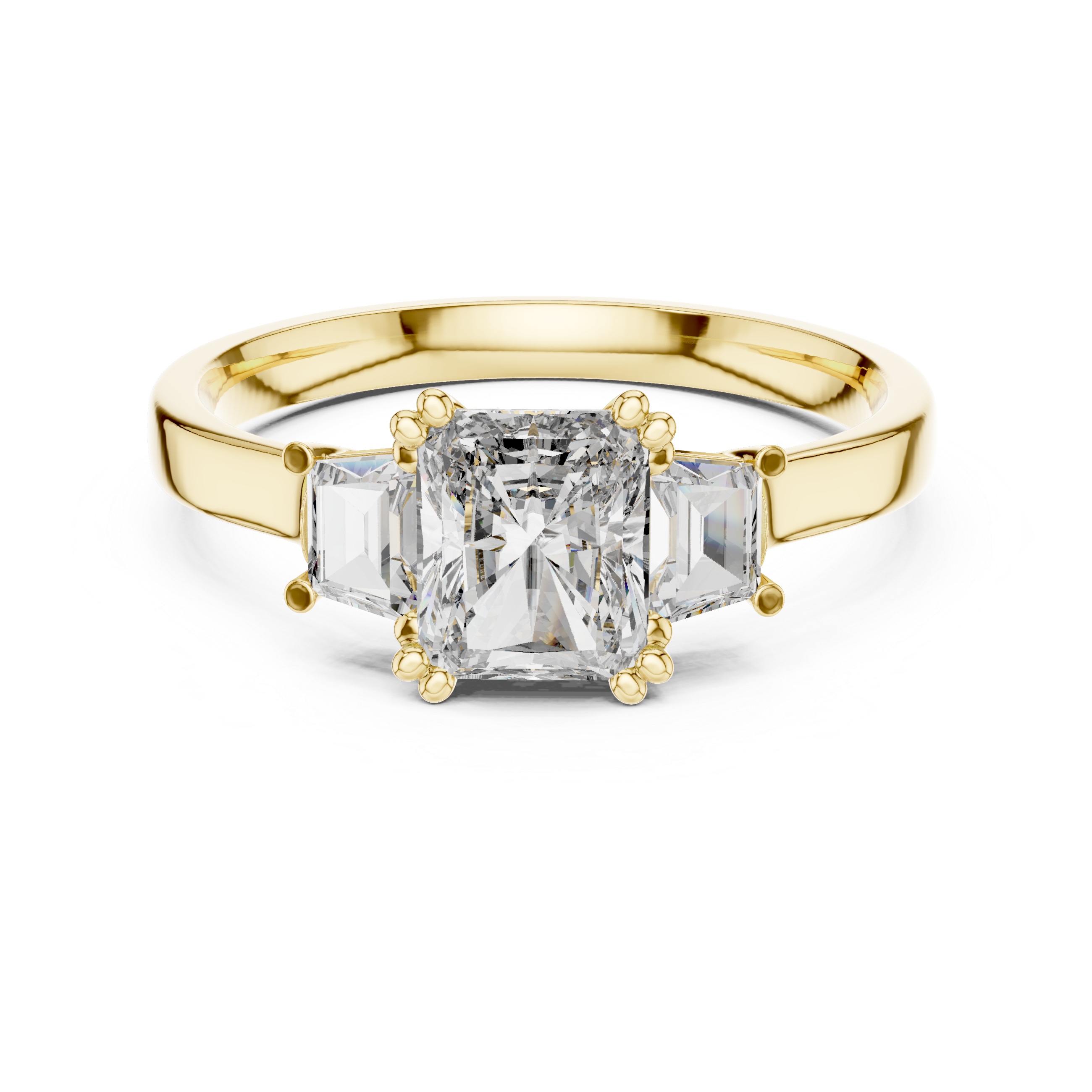Radiant Cut Three Stone Engagement Ring with Tapered Baguette Side Stones