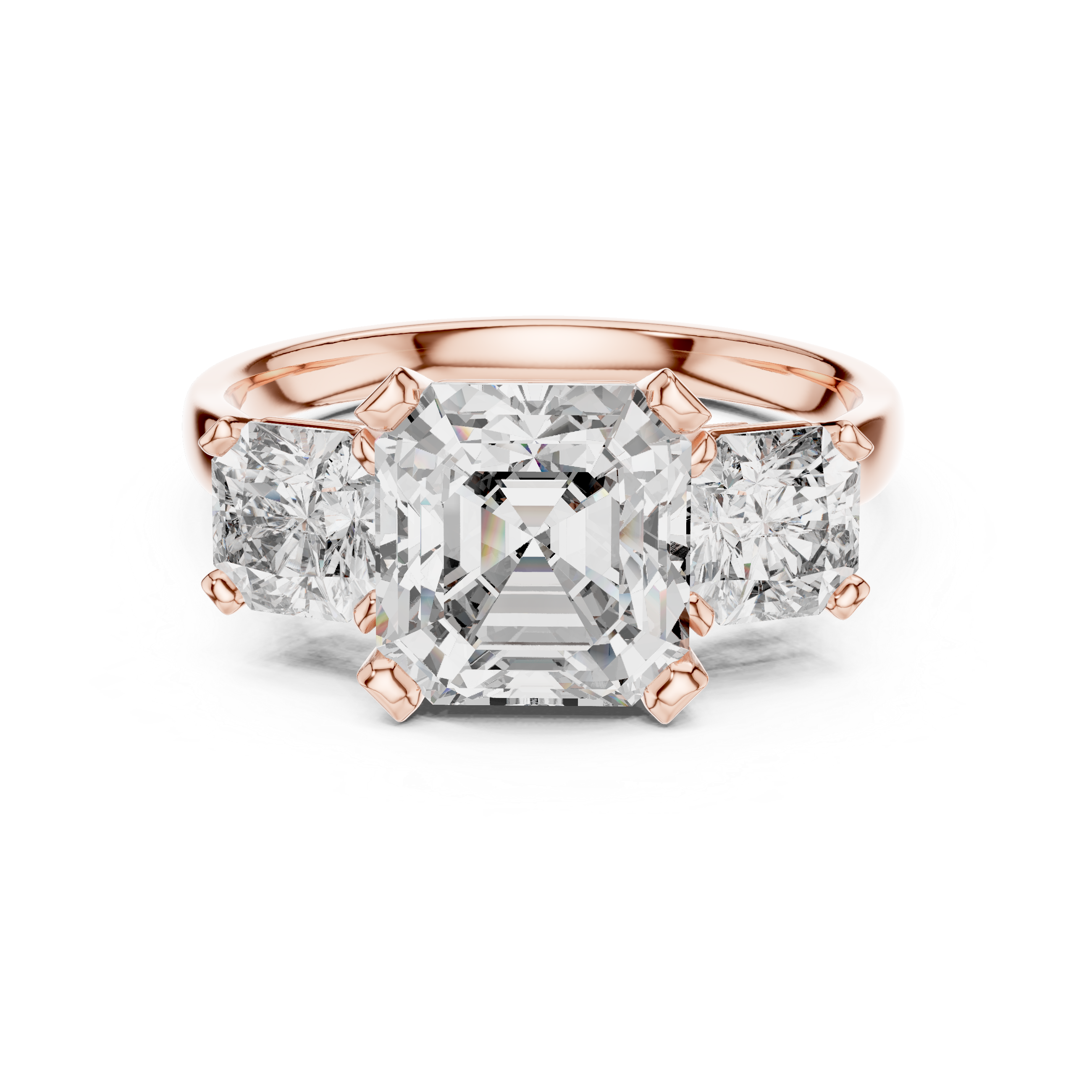 Asscher Cut Three Stone Engagement Ring with Princess Side Diamonds