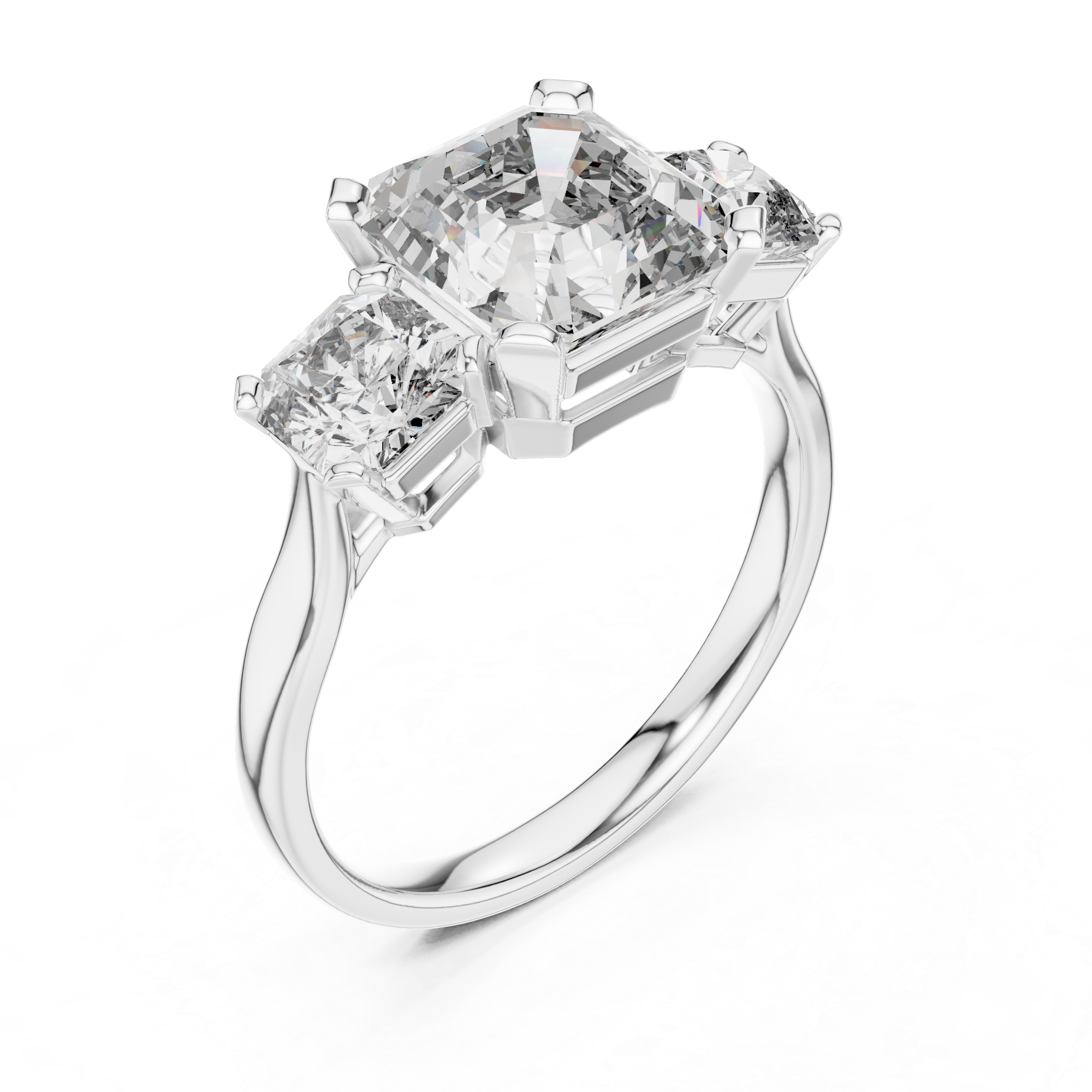 Asscher Cut Three Stone Engagement Ring with Princess Side Diamonds