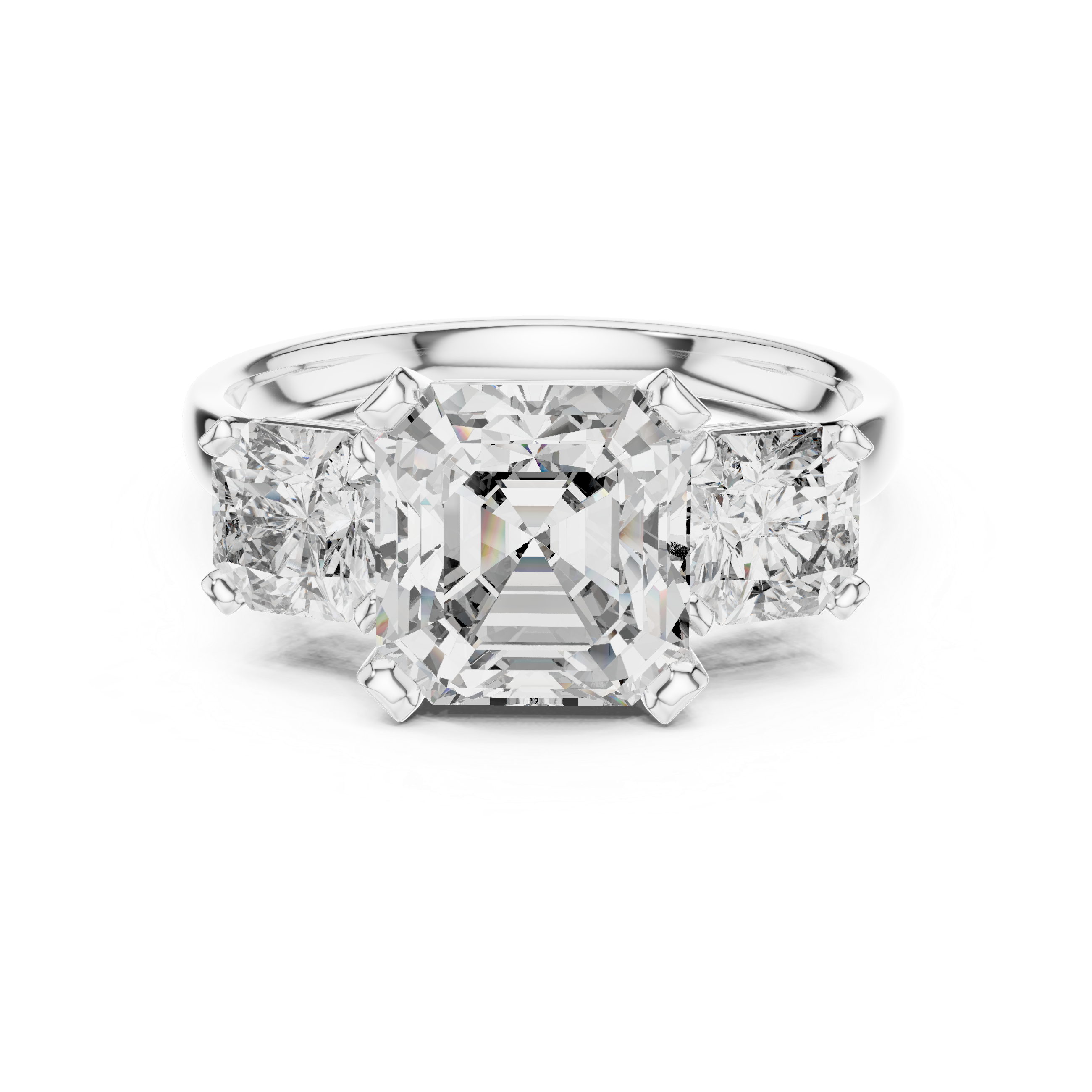 Asscher Cut Three Stone Engagement Ring with Princess Side Diamonds