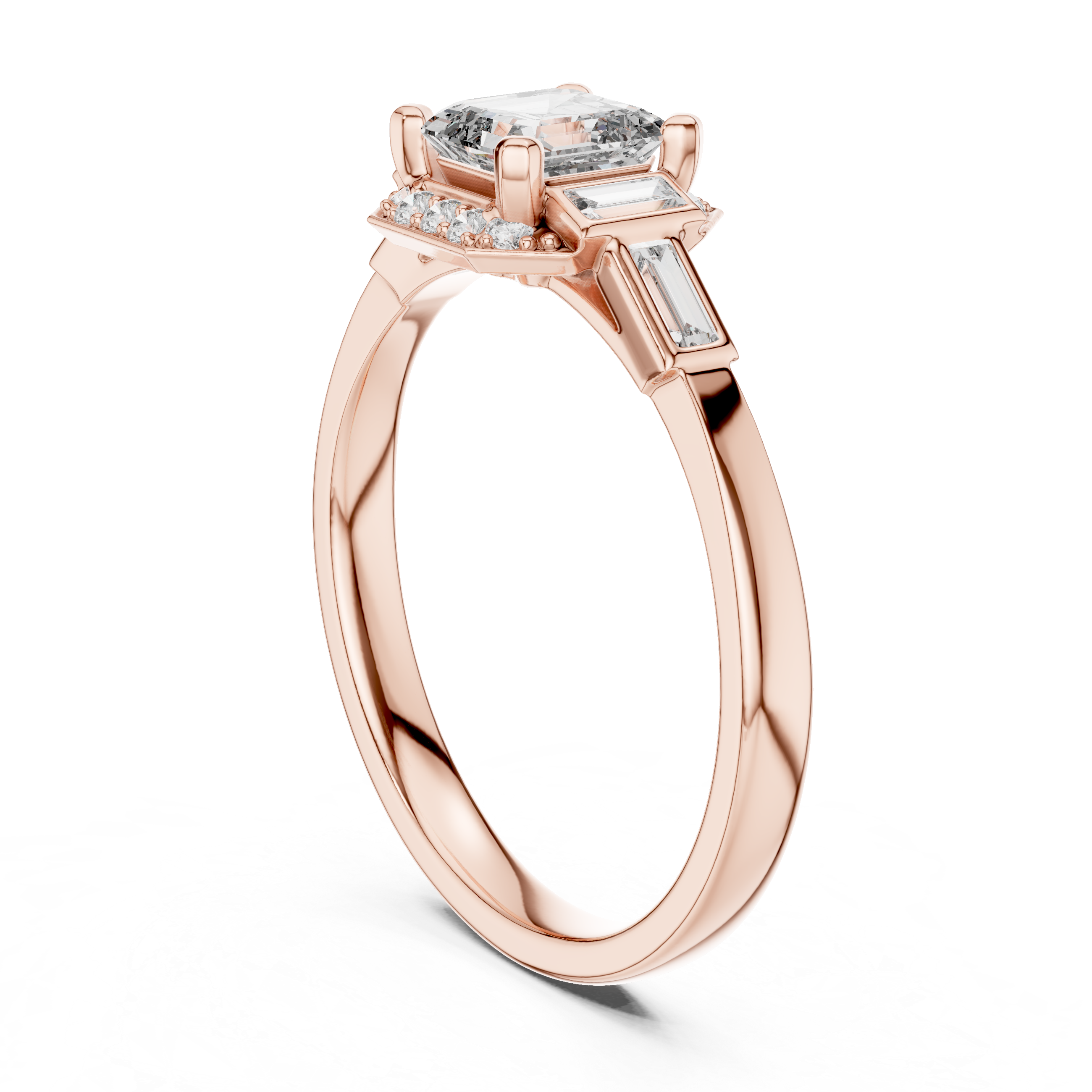 Emerald Cut Three Stone Engagement Ring with Baguette Side Diamonds