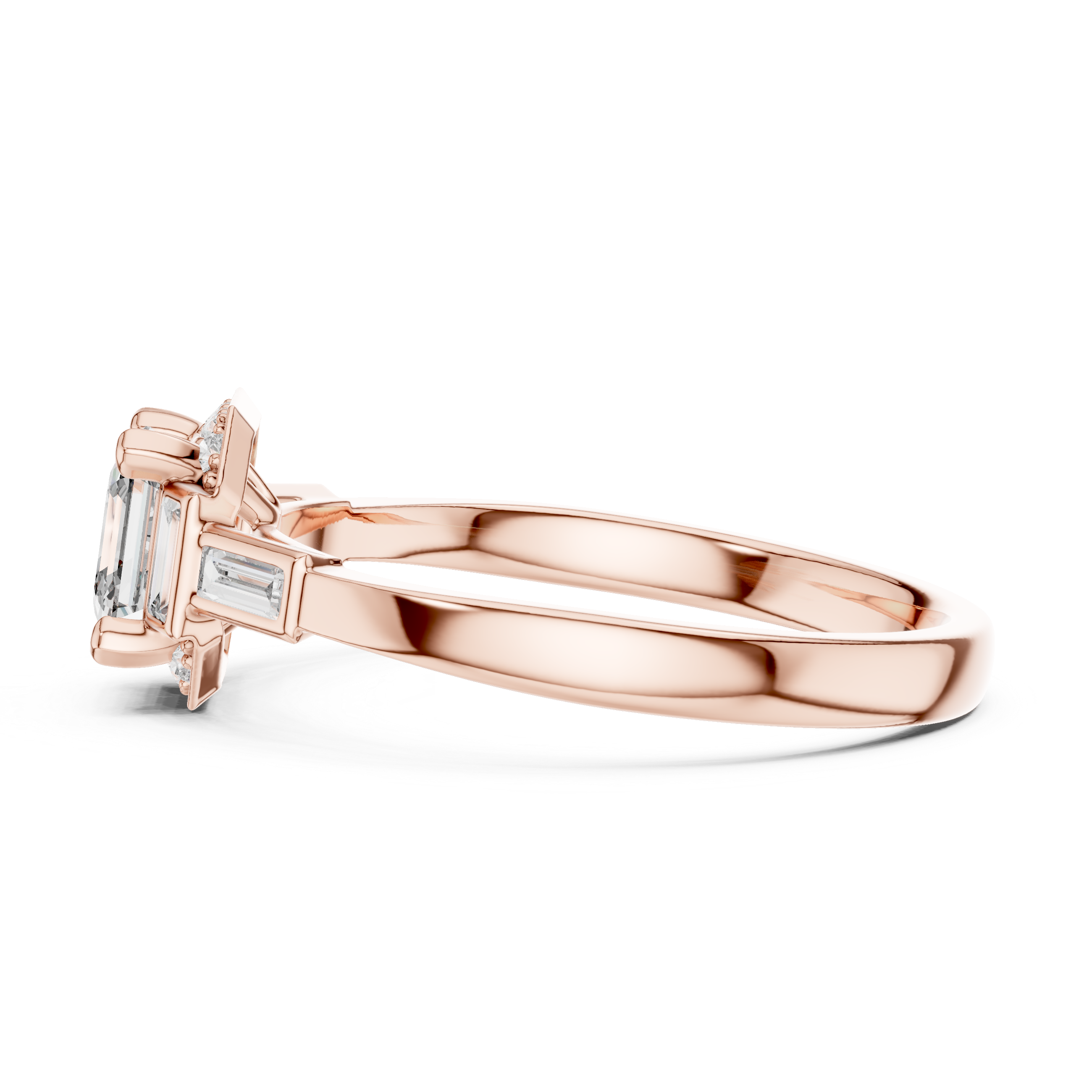 Emerald Cut Three Stone Engagement Ring with Baguette Side Diamonds