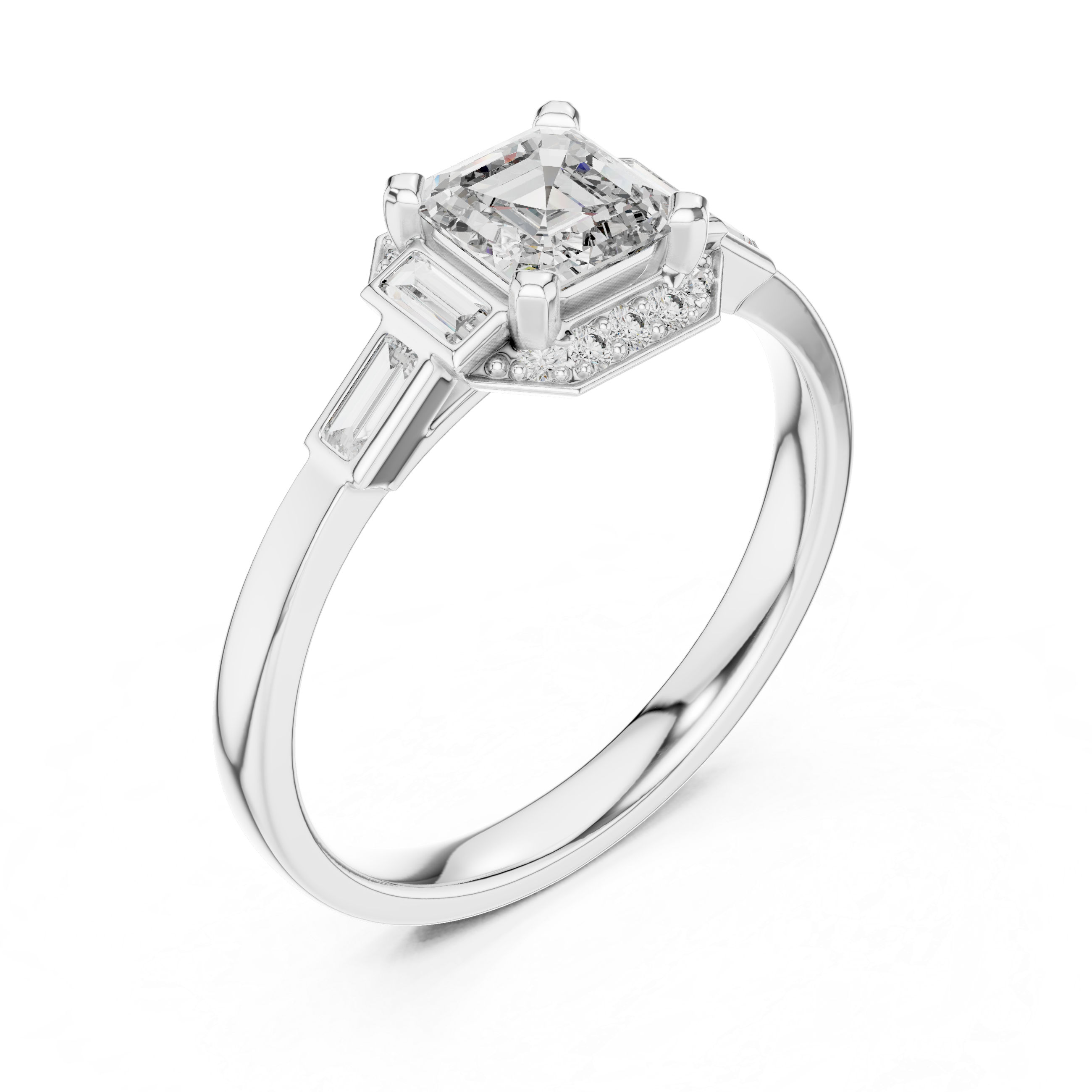 Emerald Cut Three Stone Engagement Ring with Baguette Side Diamonds