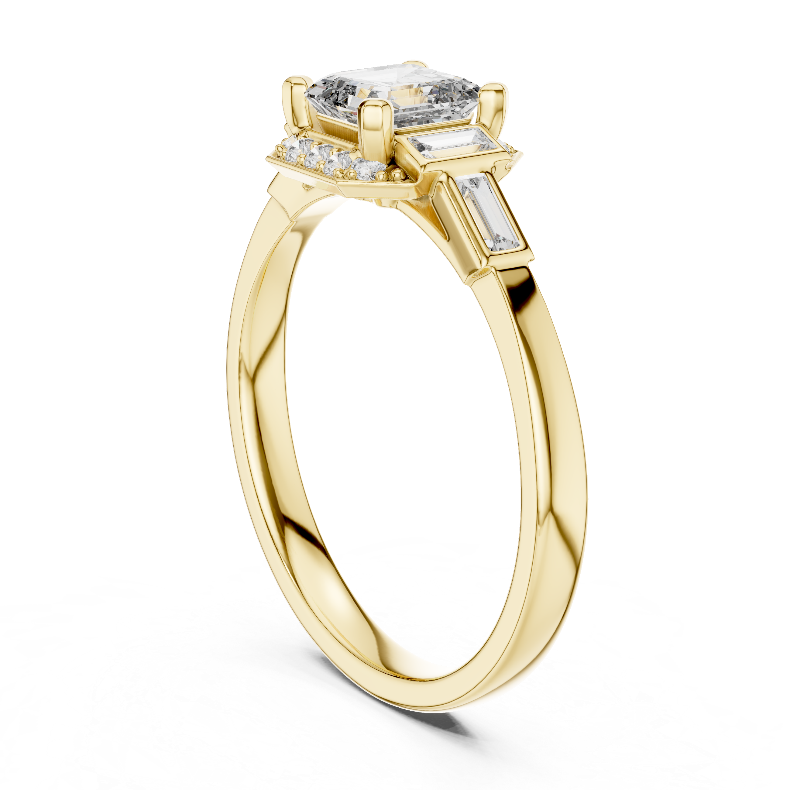 Emerald Cut Three Stone Engagement Ring with Baguette Side Diamonds
