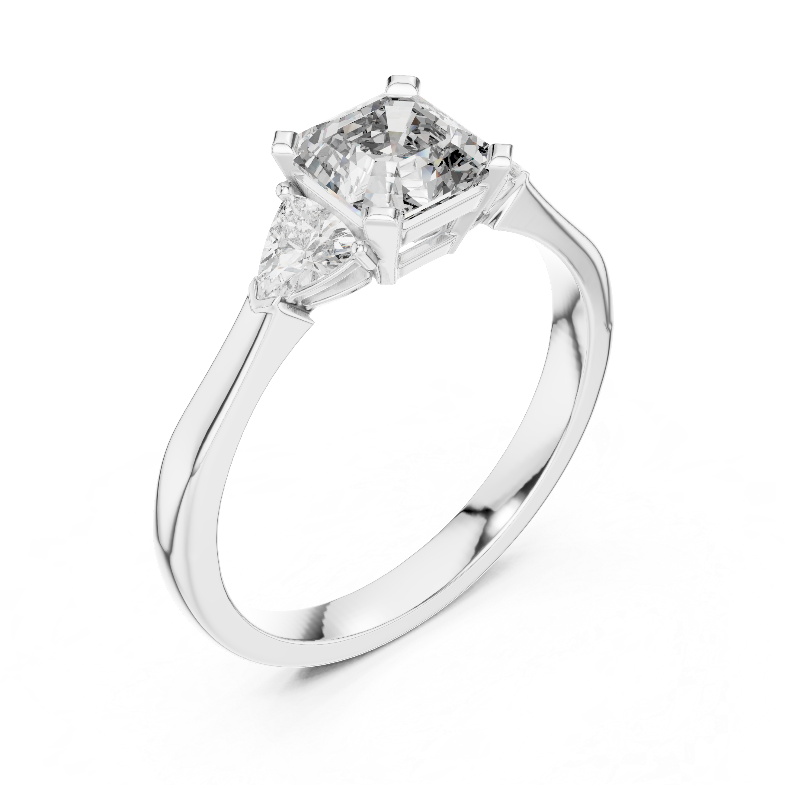 Emerald Cut Three Stone Engagement Ring with Trillion Side Diamonds