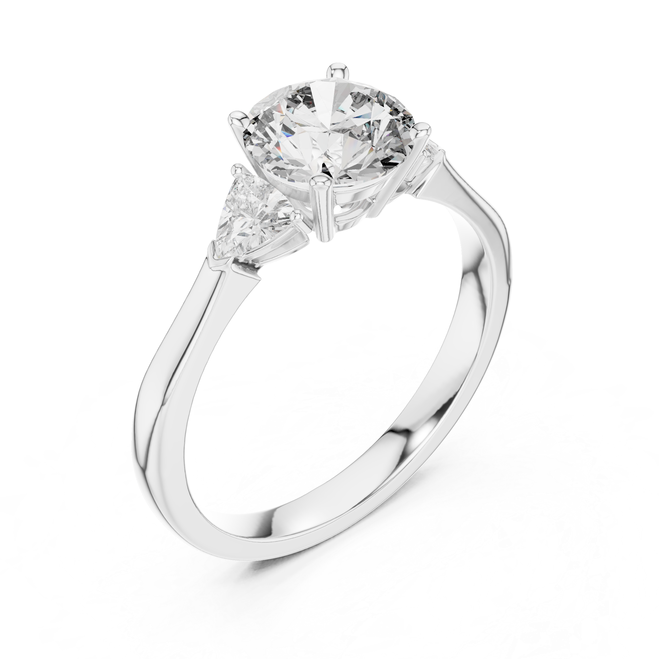 Round Cut Three Stone Engagement Ring with Trillion Side Diamonds