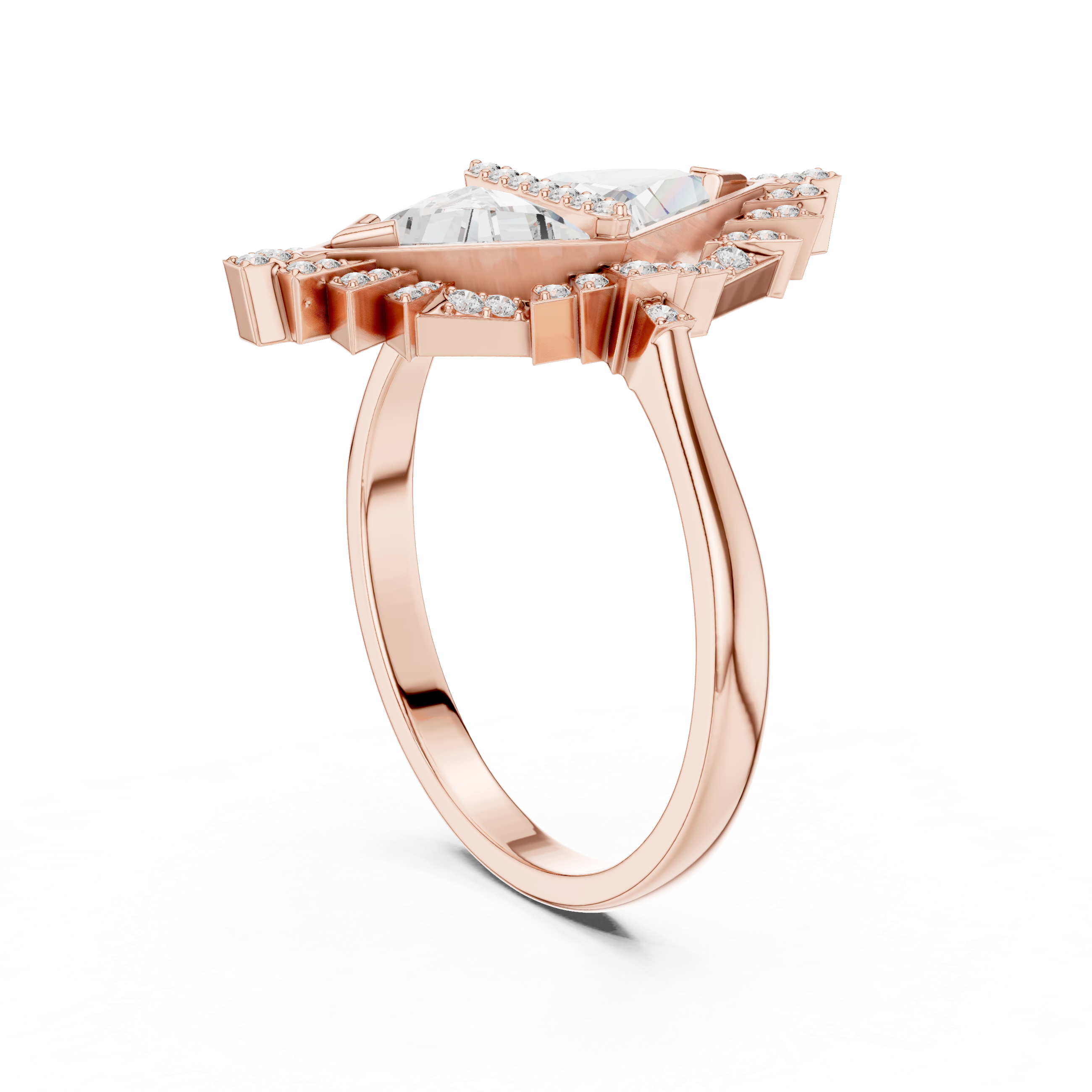Art Deco Double Triangle Diamond Ring with Geometric Halo Design