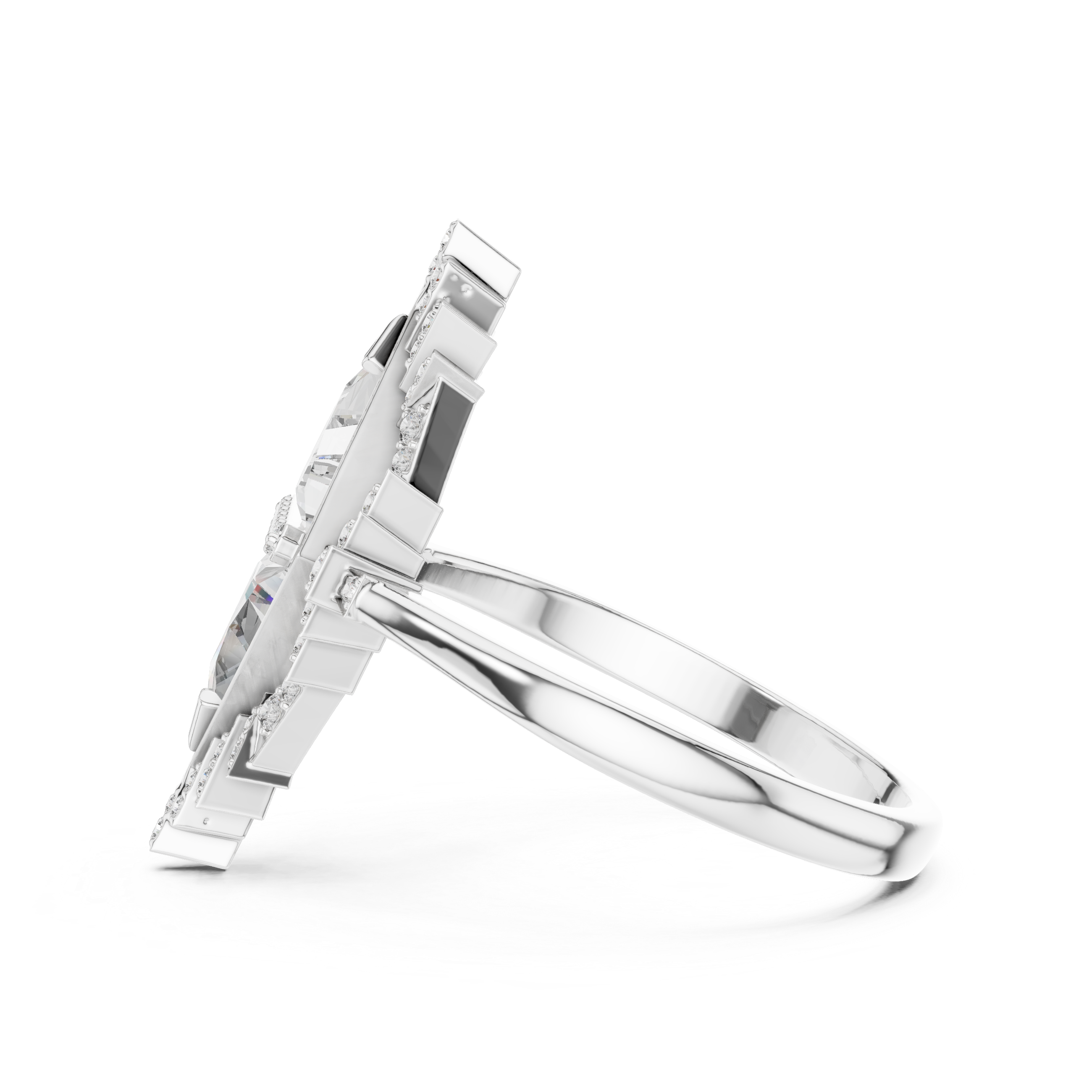 Art Deco Double Triangle Diamond Ring with Geometric Halo Design