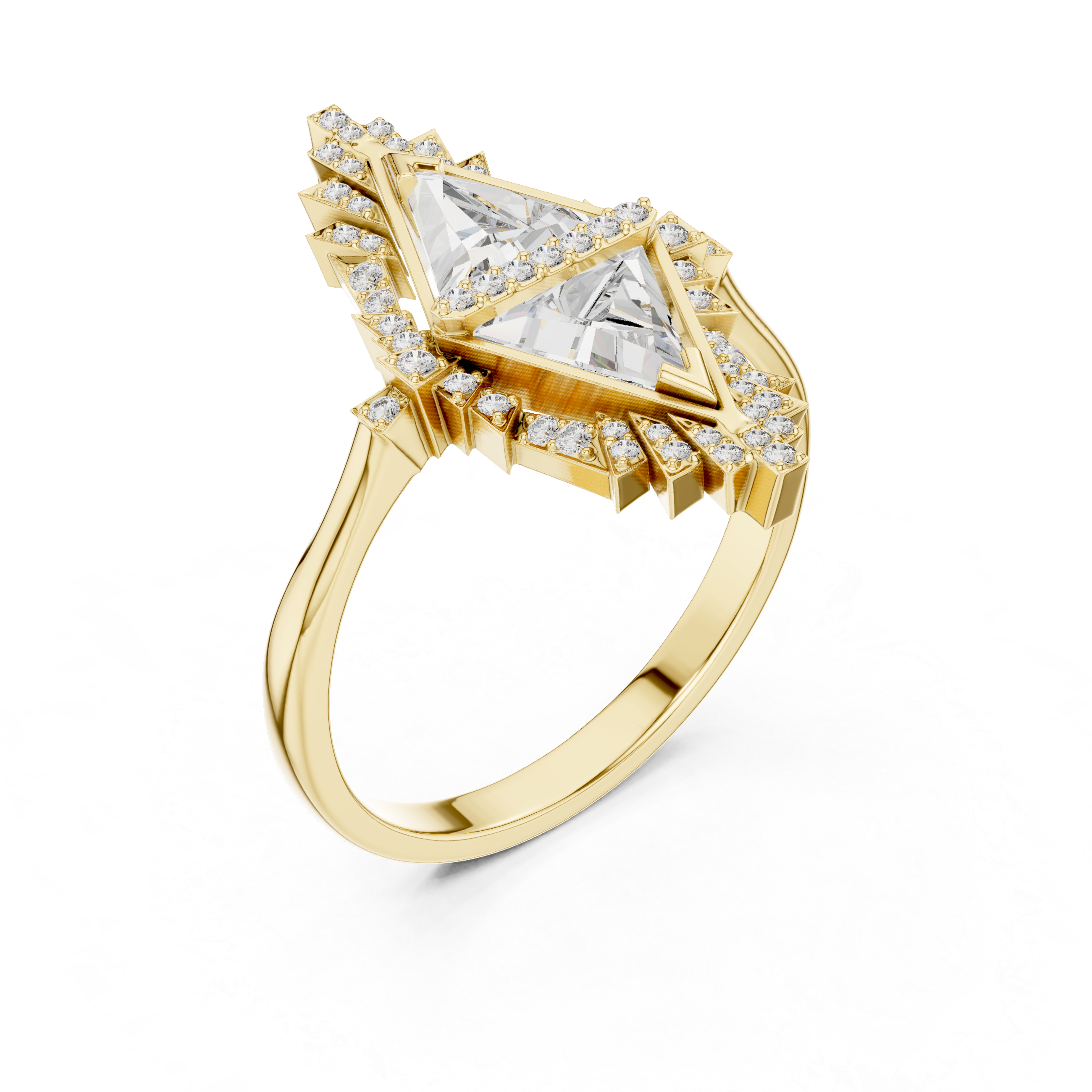Art Deco Double Triangle Diamond Ring with Geometric Halo Design