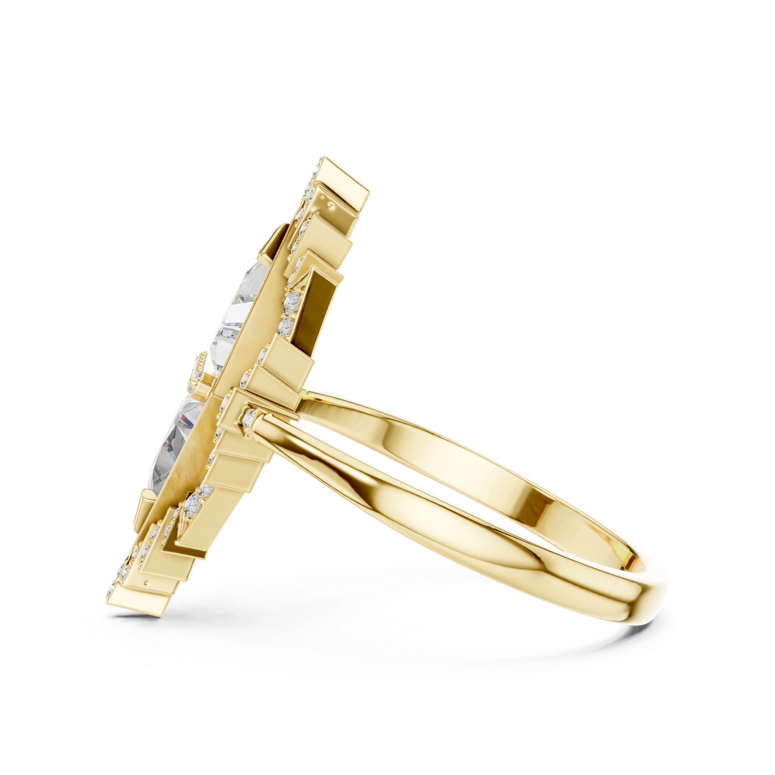 Art Deco Double Triangle Diamond Ring with Geometric Halo Design
