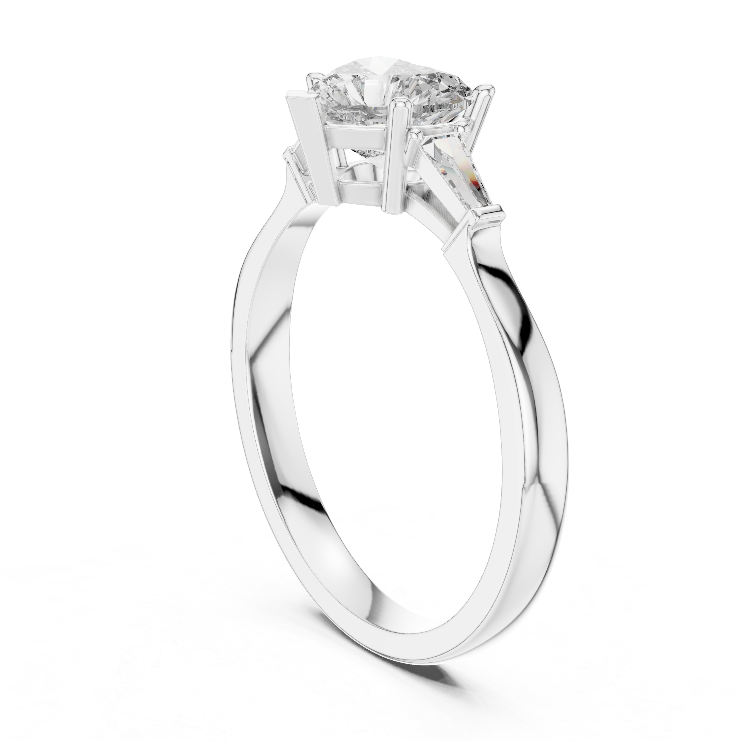 Heart Cut Three Stone Engagement Ring with Tapered Baguette Side Diamonds