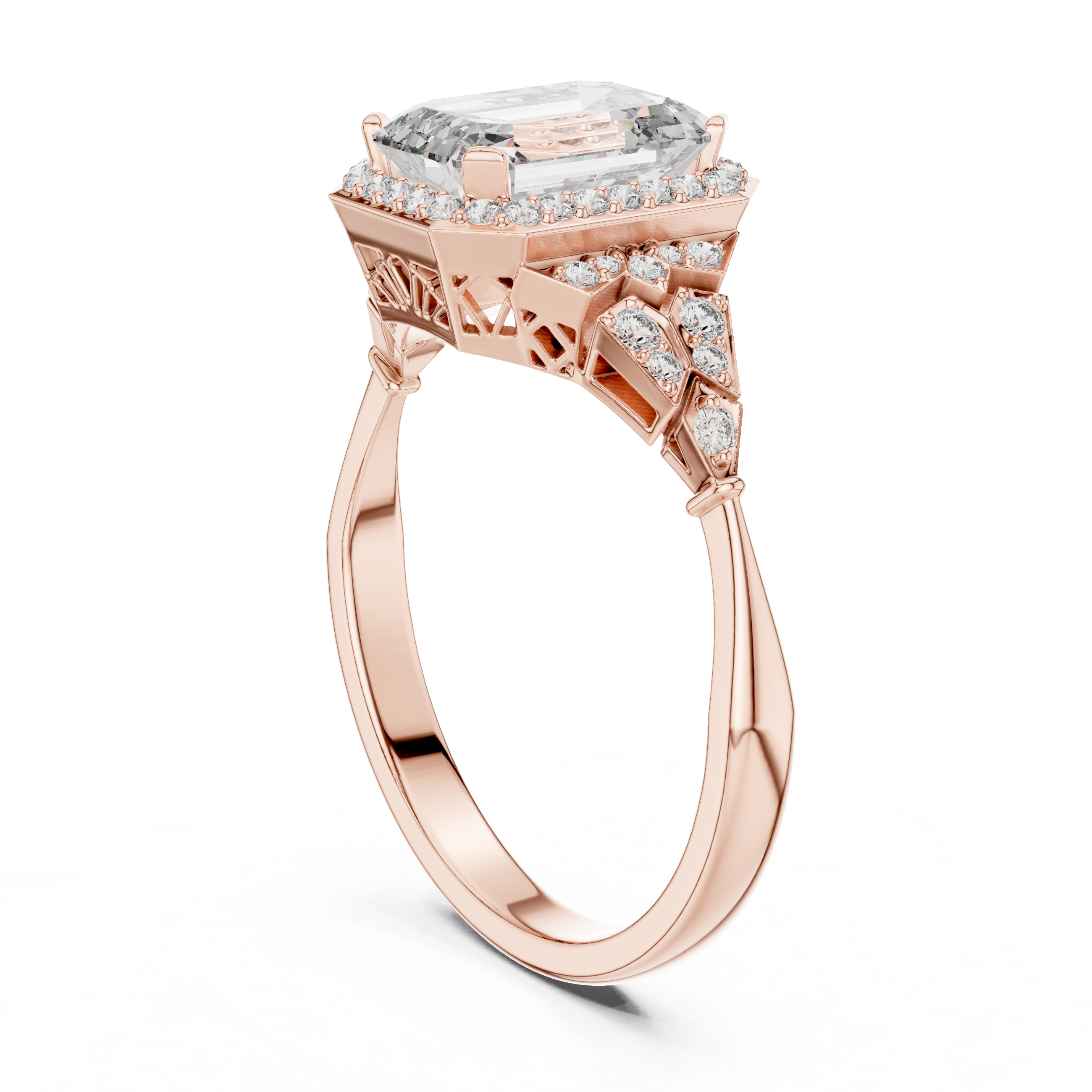 Emerald Cut Halo Engagement Ring with Pavé Diamond Accents