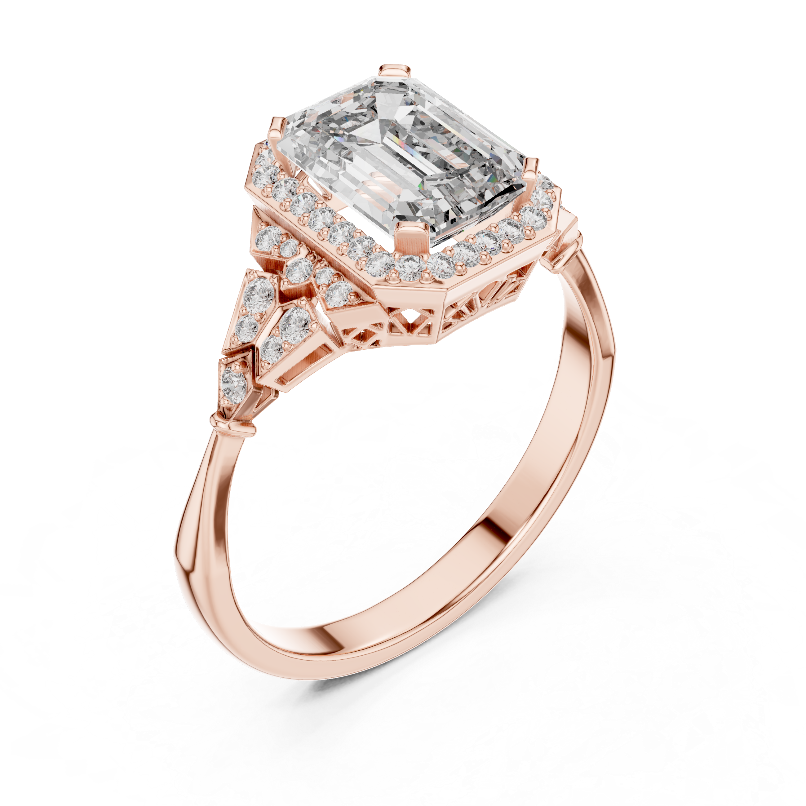 Emerald Cut Halo Engagement Ring with Pavé Diamond Accents