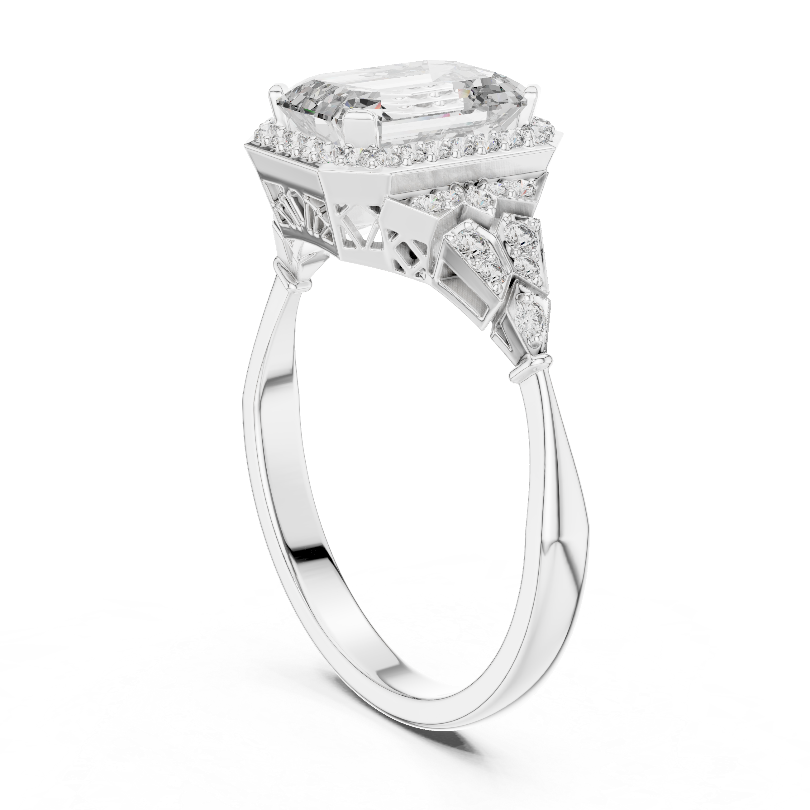 Emerald Cut Halo Engagement Ring with Pavé Diamond Accents