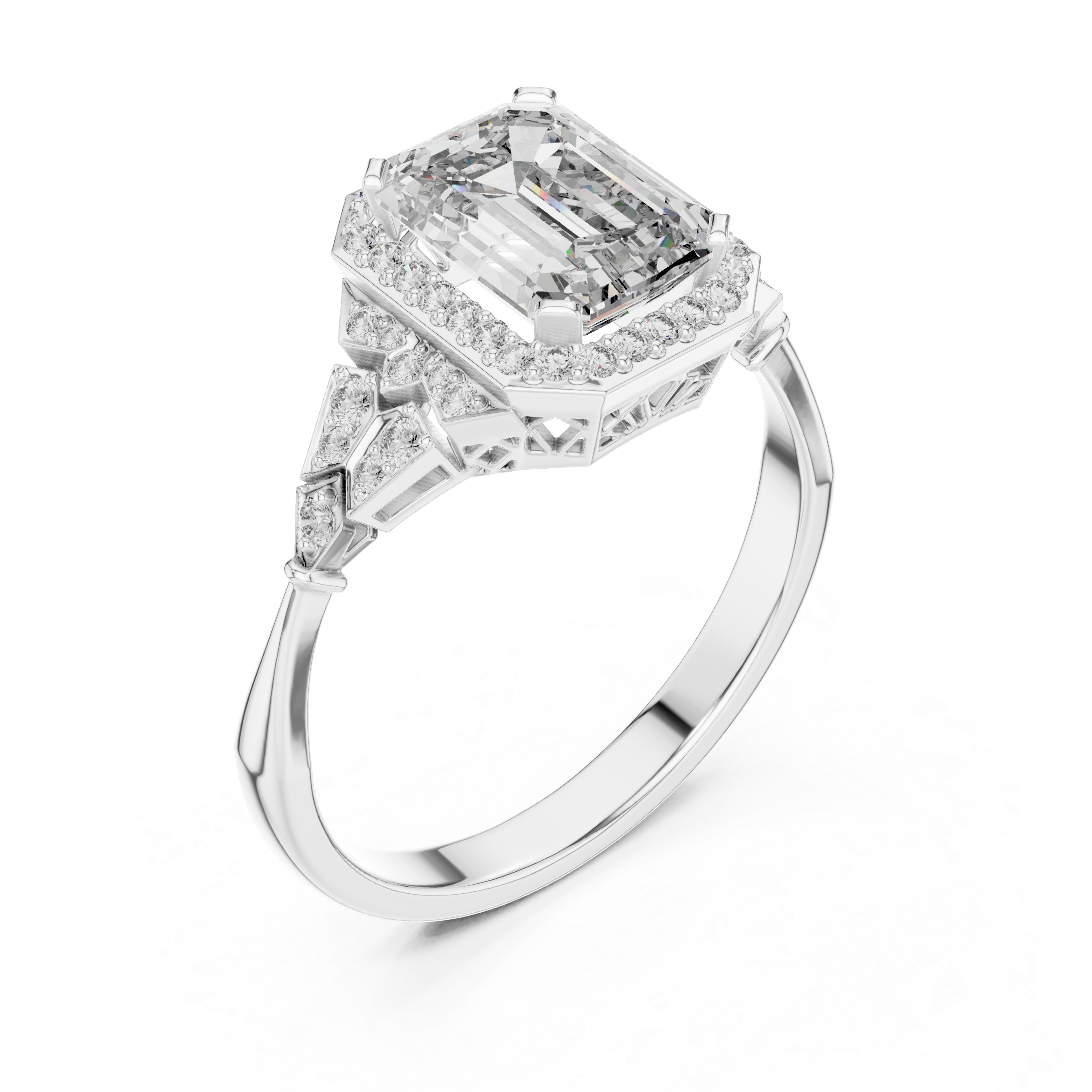 Emerald Cut Halo Engagement Ring with Pavé Diamond Accents