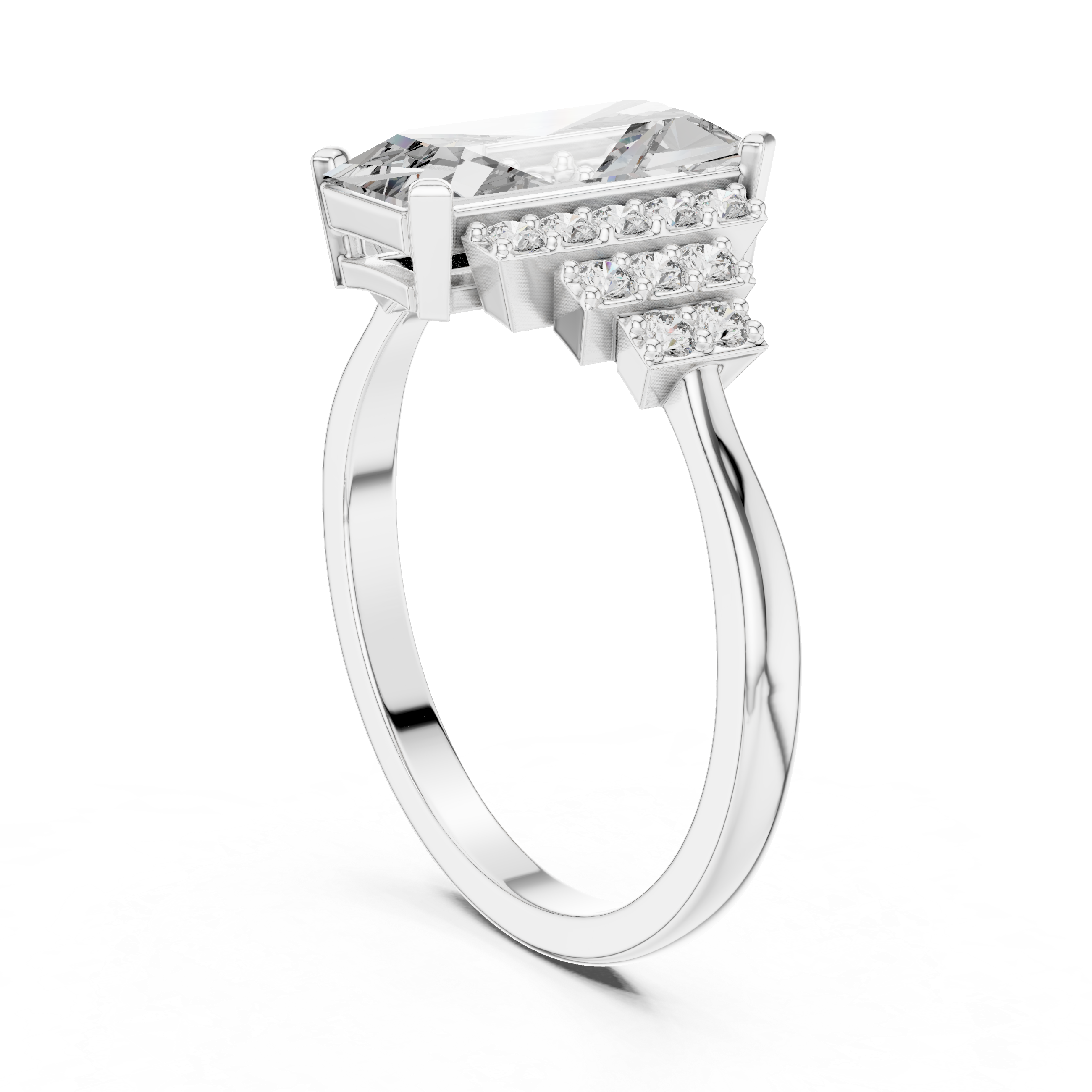 Emerald Cut Diamond Engagement Ring with Graduated Pavé Side Clusters