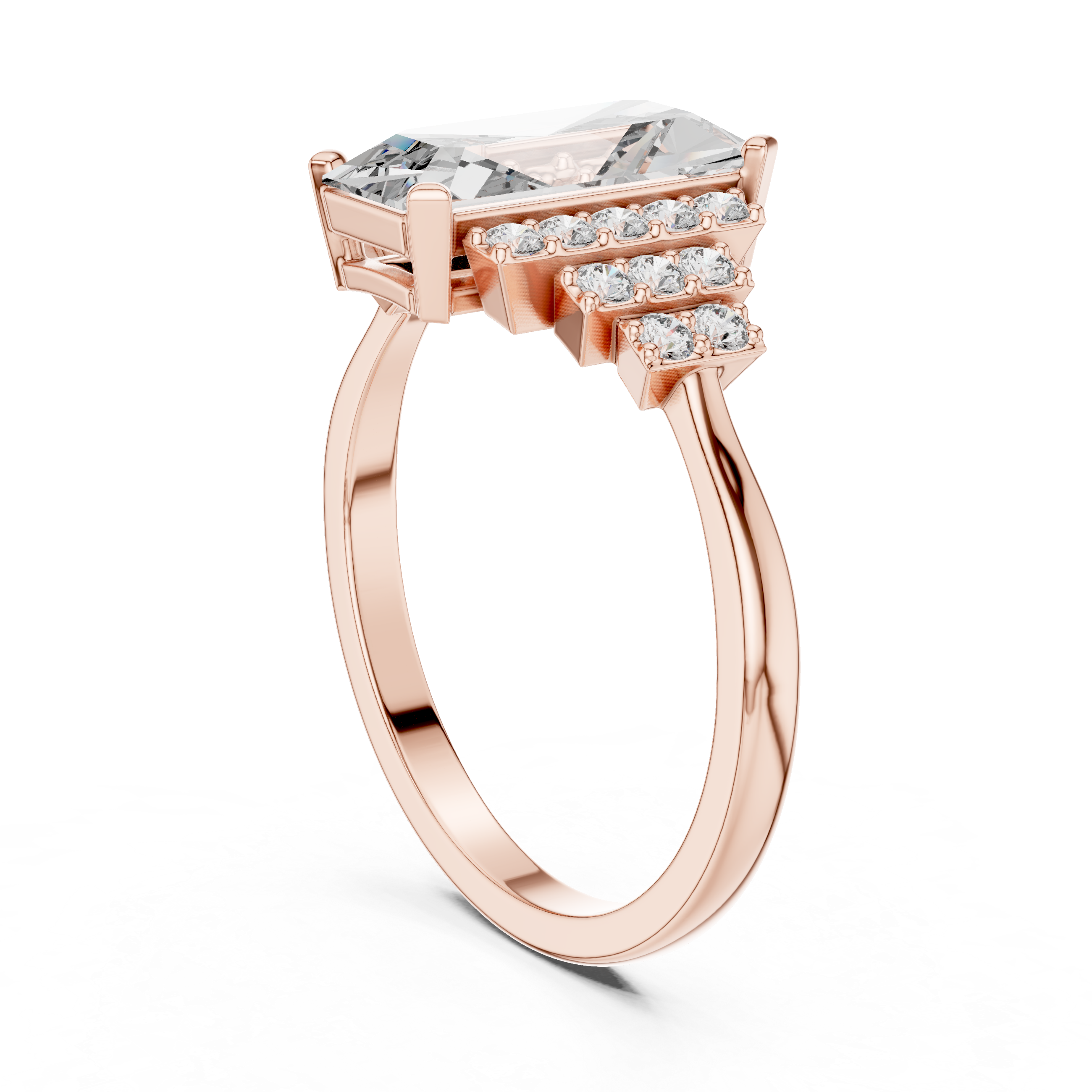 Emerald Cut Diamond Engagement Ring with Graduated Triple Row Side Clusters