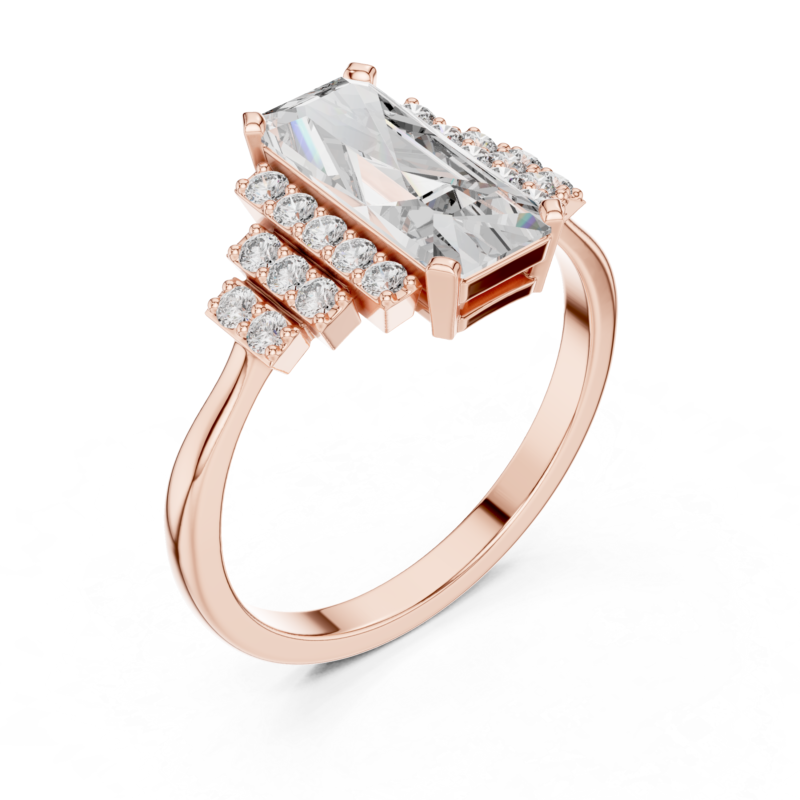 Emerald Cut Diamond Engagement Ring with Graduated Triple Row Side Clusters