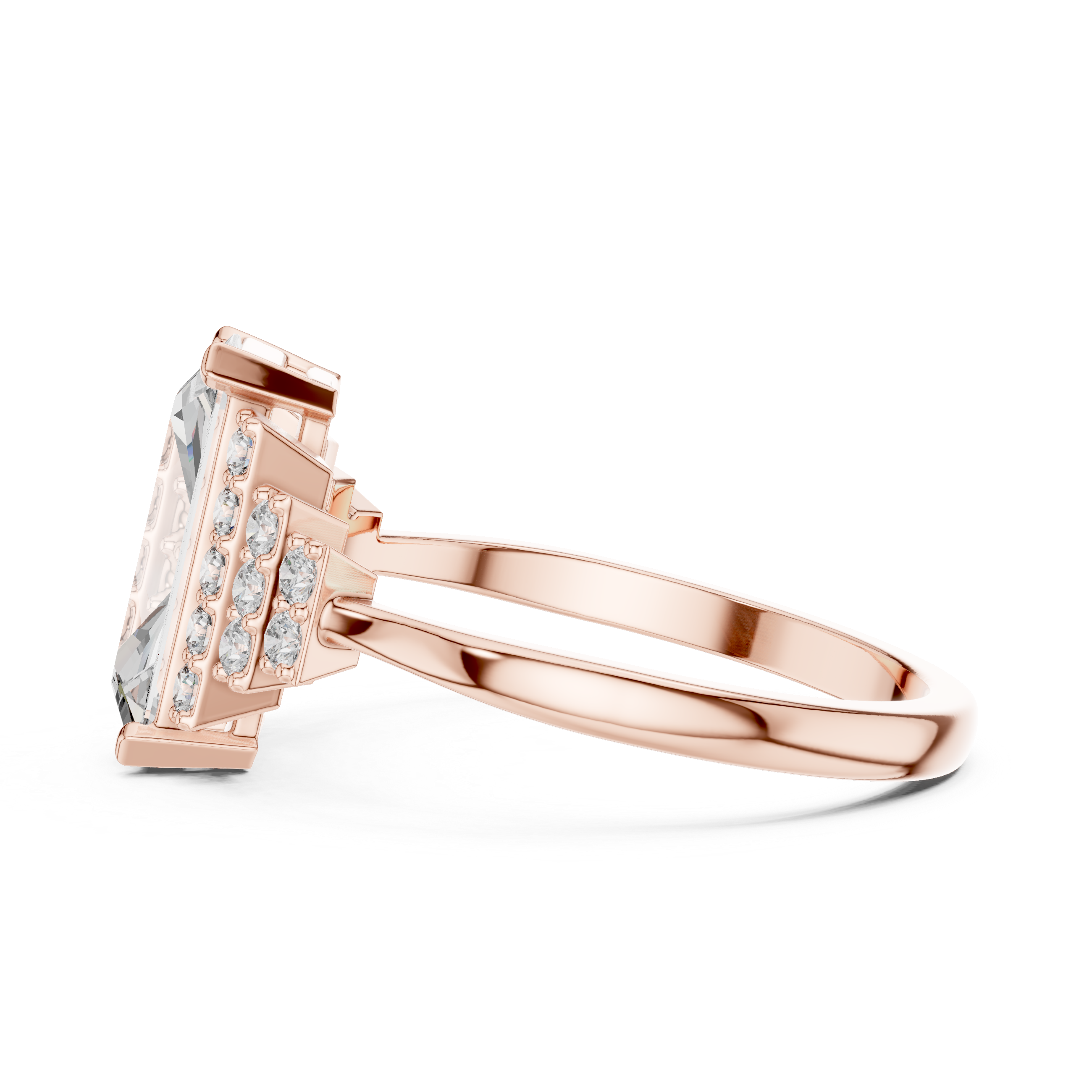 Emerald Cut Diamond Engagement Ring with Graduated Triple Row Side Clusters