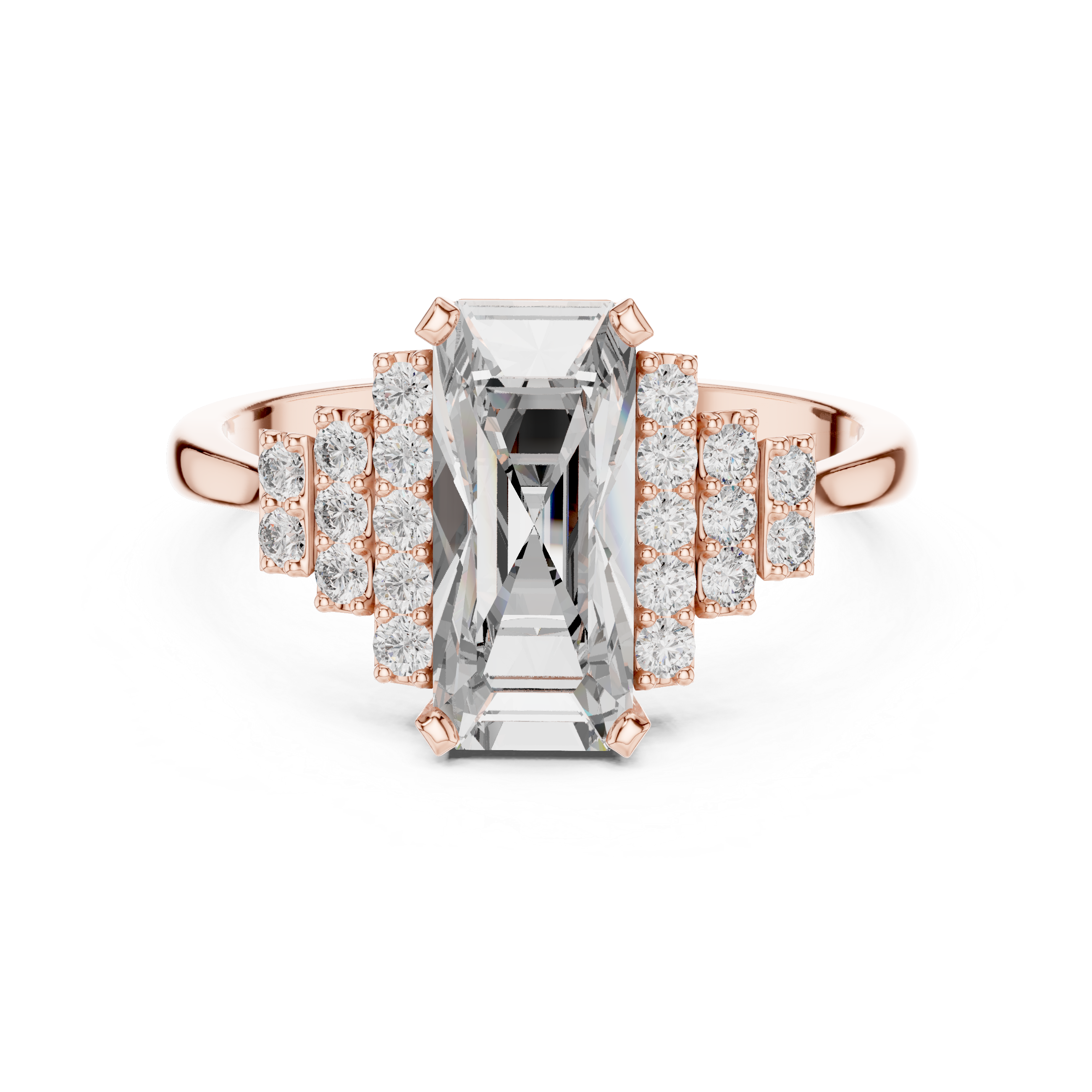 Emerald Cut Diamond Engagement Ring with Graduated Triple Row Side Clusters