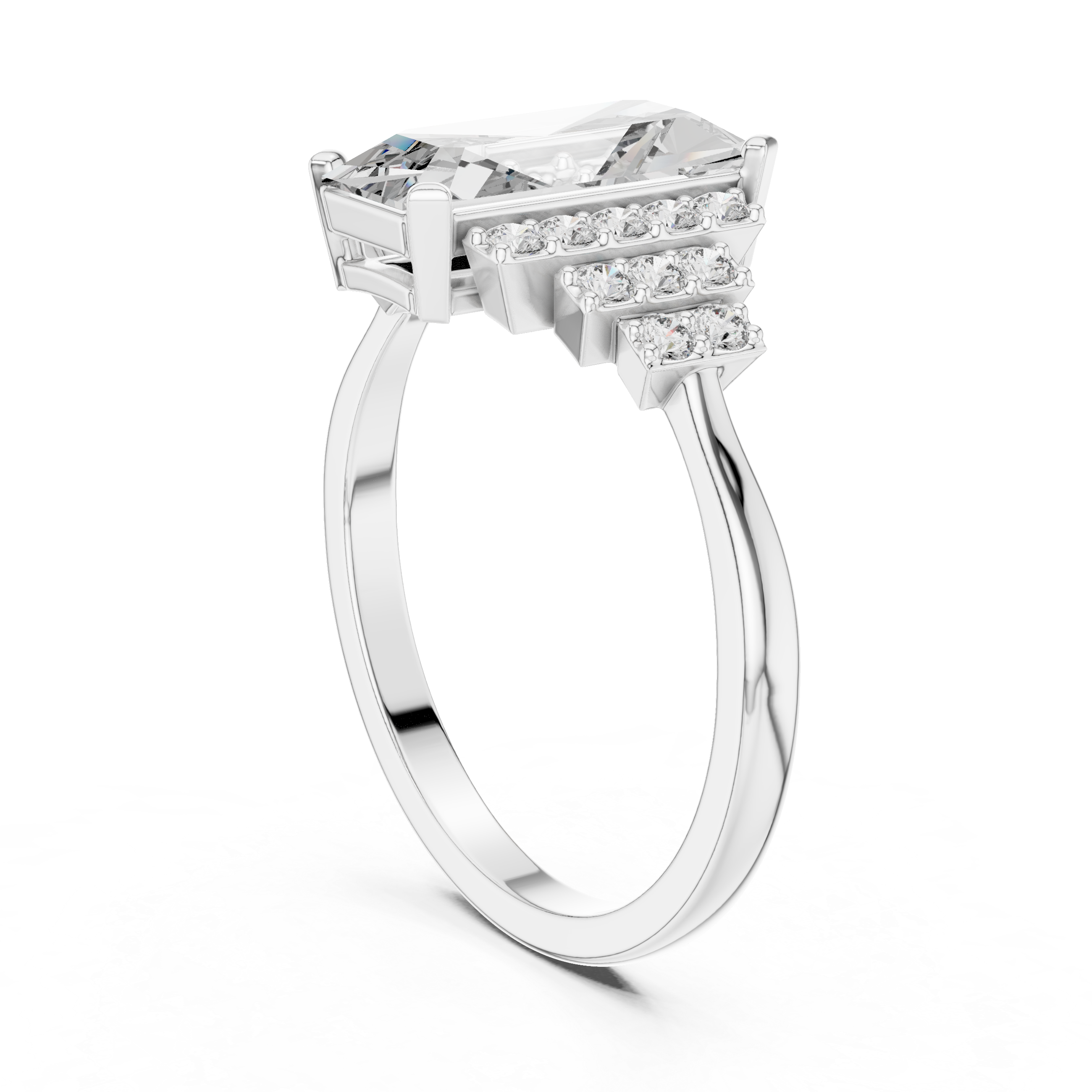 Emerald Cut Diamond Engagement Ring with Graduated Triple Row Side Clusters