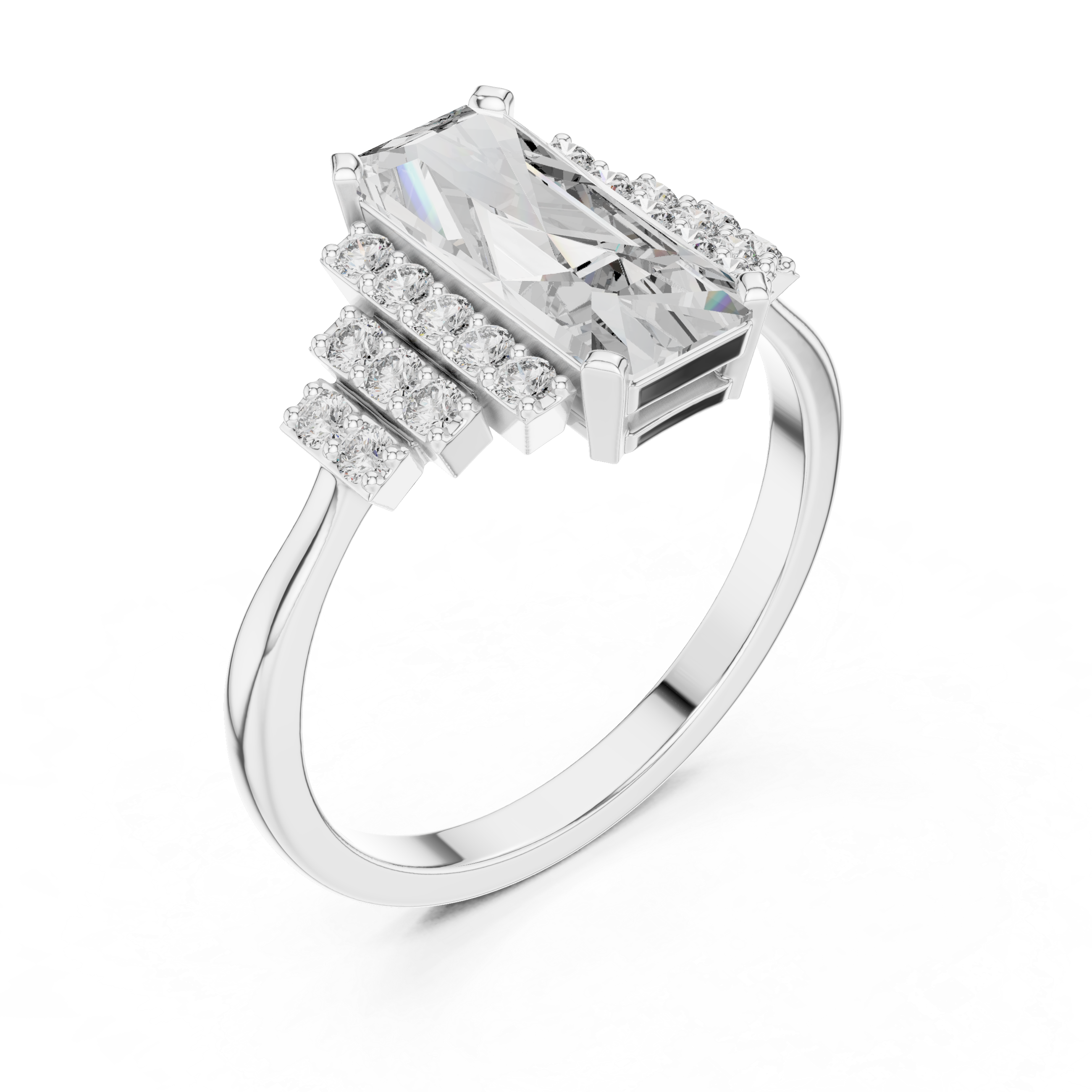 Emerald Cut Diamond Engagement Ring with Graduated Triple Row Side Clusters