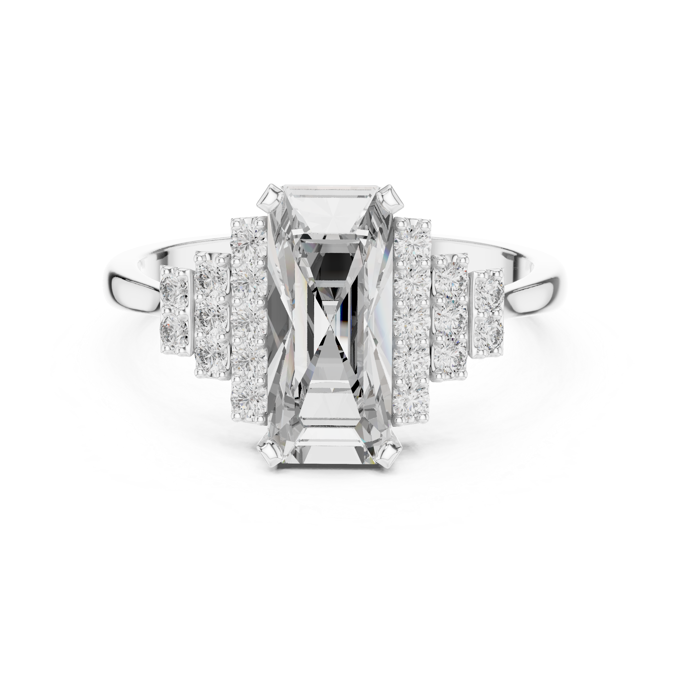 Emerald Cut Diamond Engagement Ring with Graduated Triple Row Side Clusters