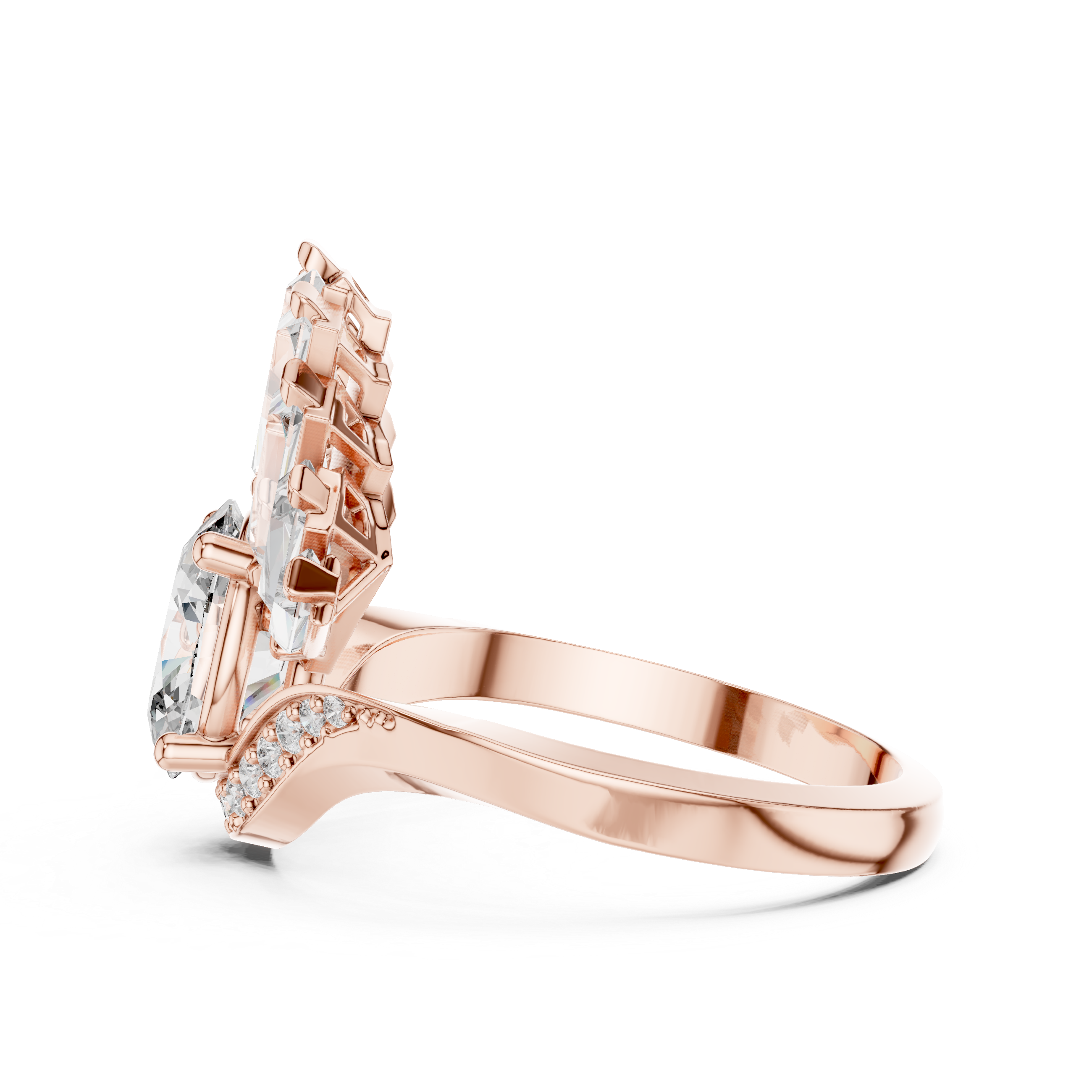 Art Deco Fan Halo Oval Diamond Ring with Baguette Burst Design