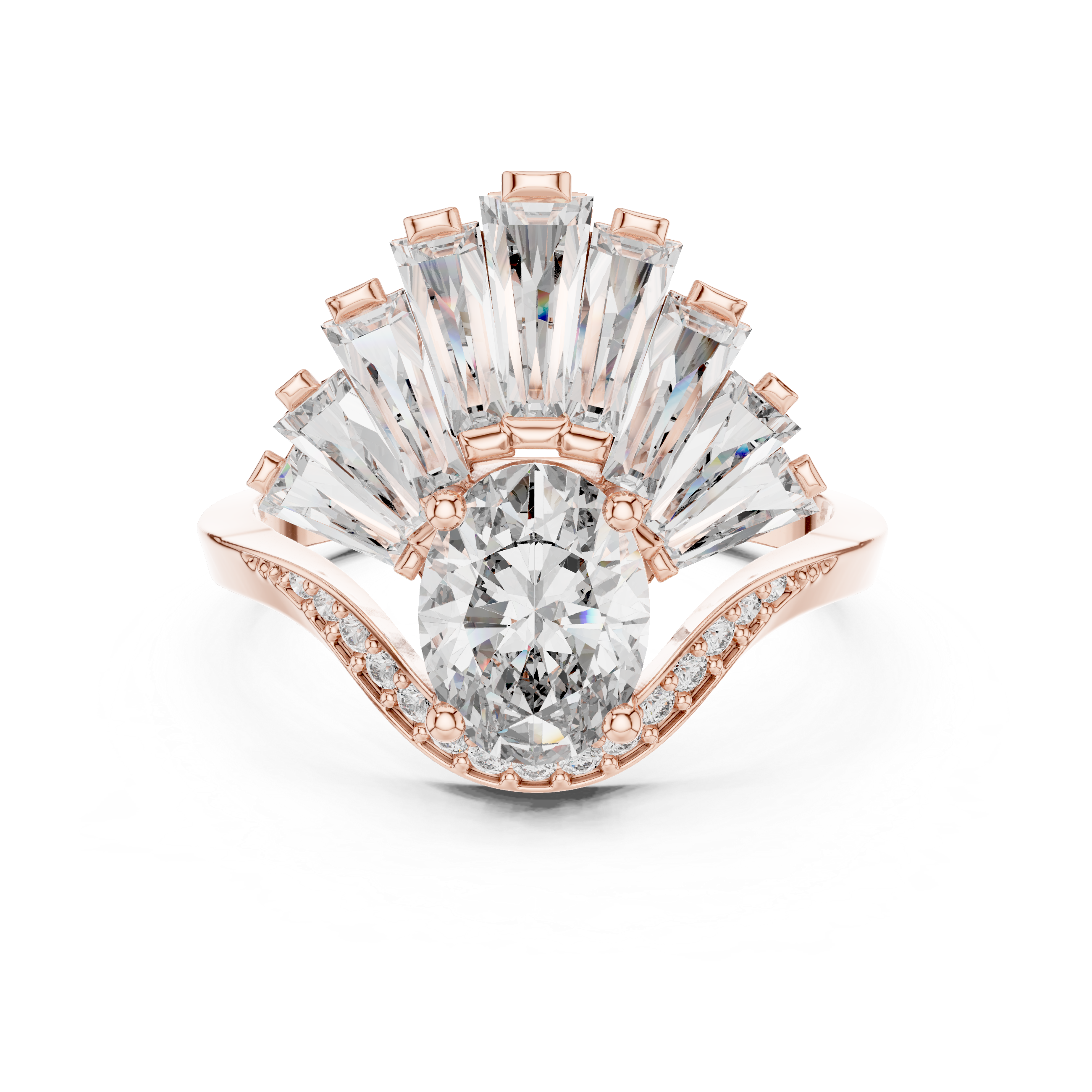 Art Deco Fan Halo Oval Diamond Ring with Baguette Burst Design