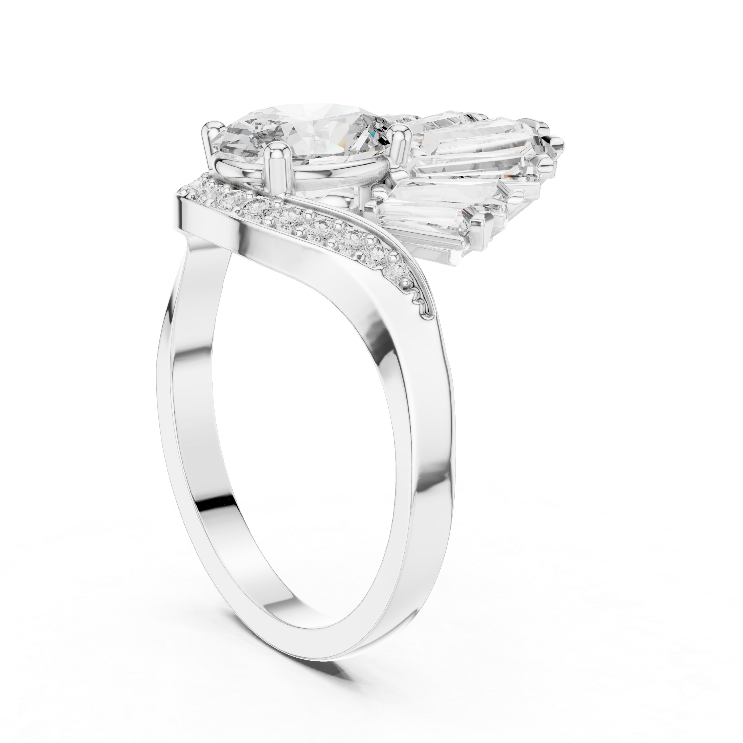 Art Deco Fan Halo Oval Diamond Ring with Baguette Burst Design