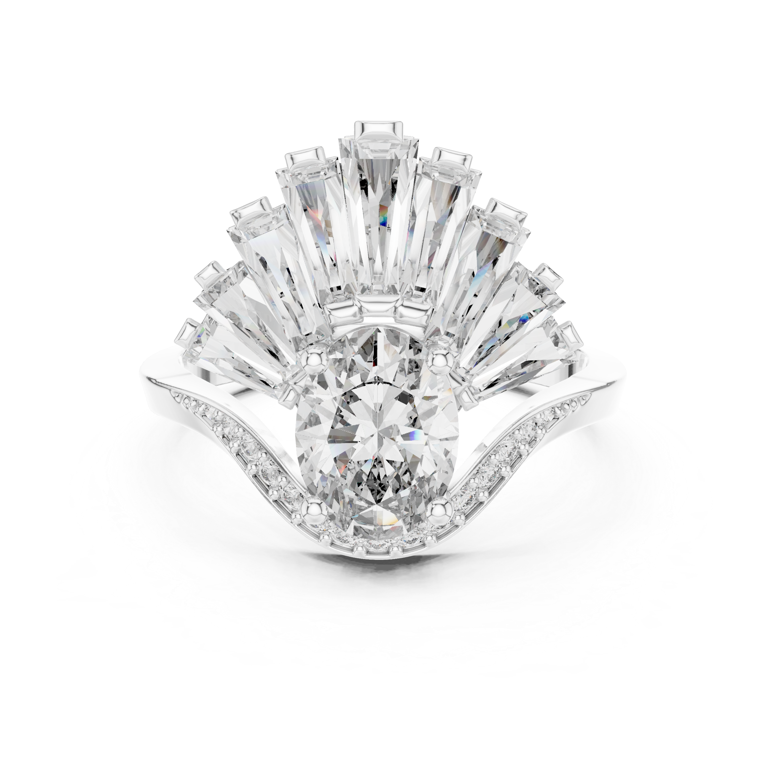 Art Deco Fan Halo Oval Diamond Ring with Baguette Burst Design