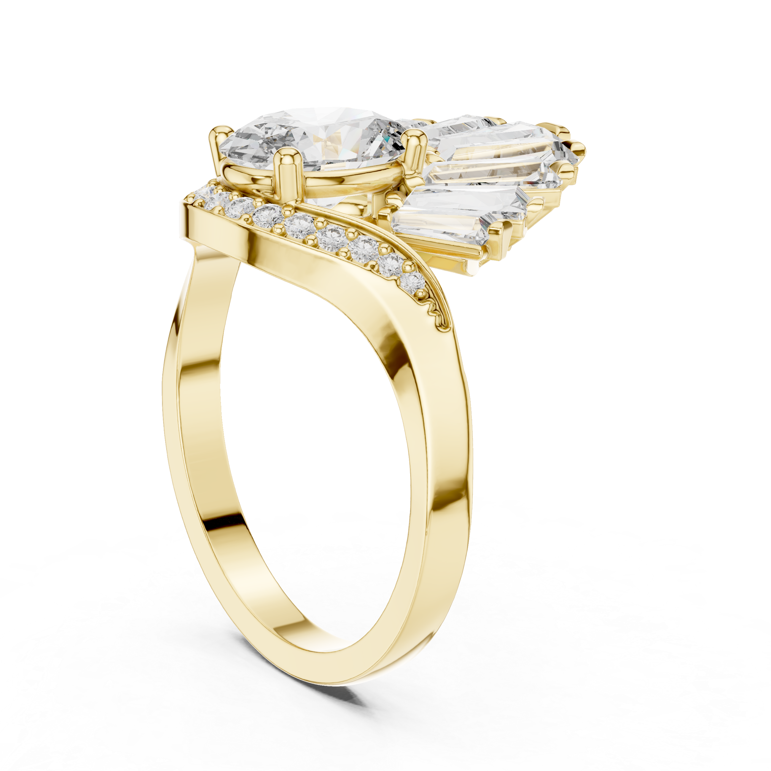Art Deco Fan Halo Oval Diamond Ring with Baguette Burst Design