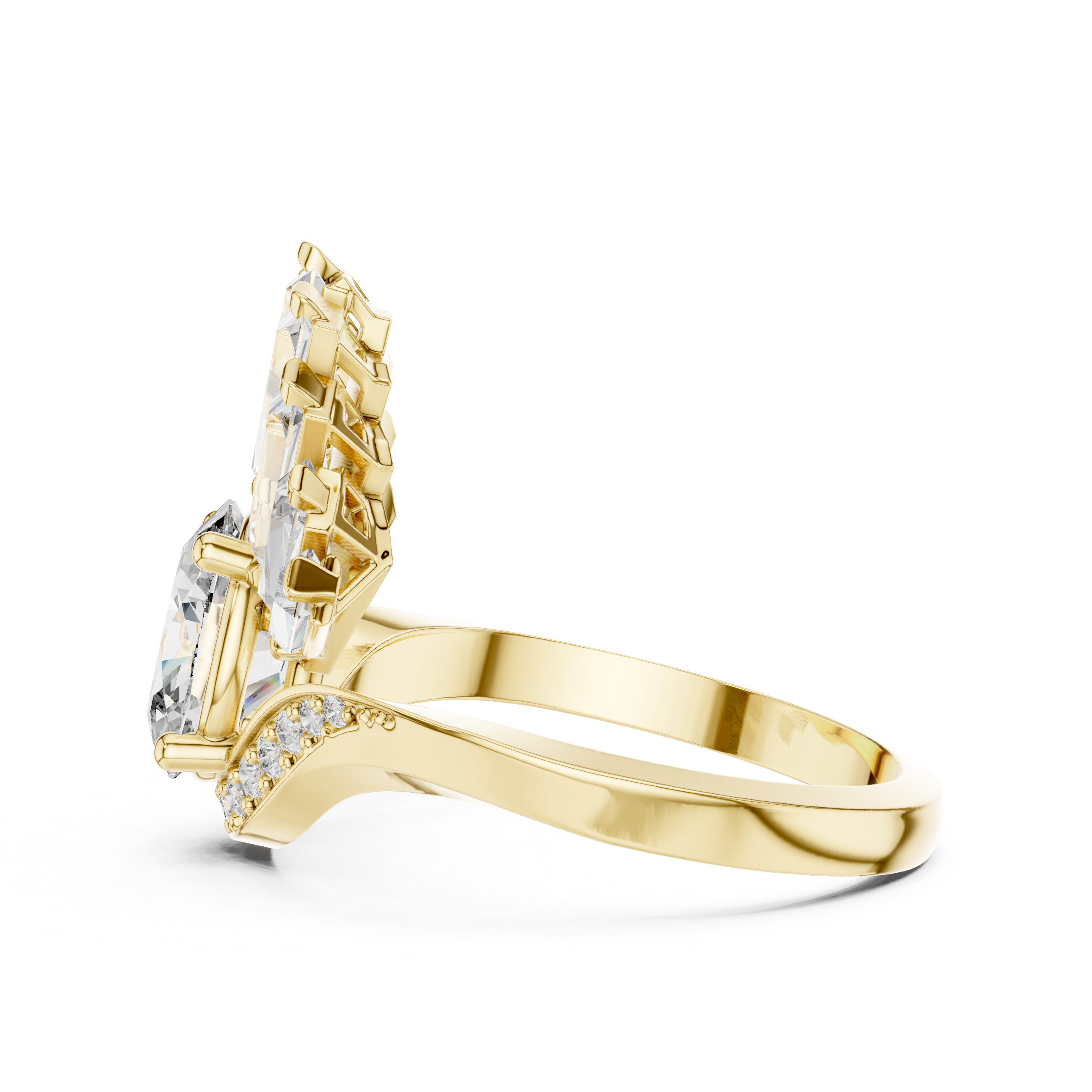 Art Deco Fan Halo Oval Diamond Ring with Baguette Burst Design