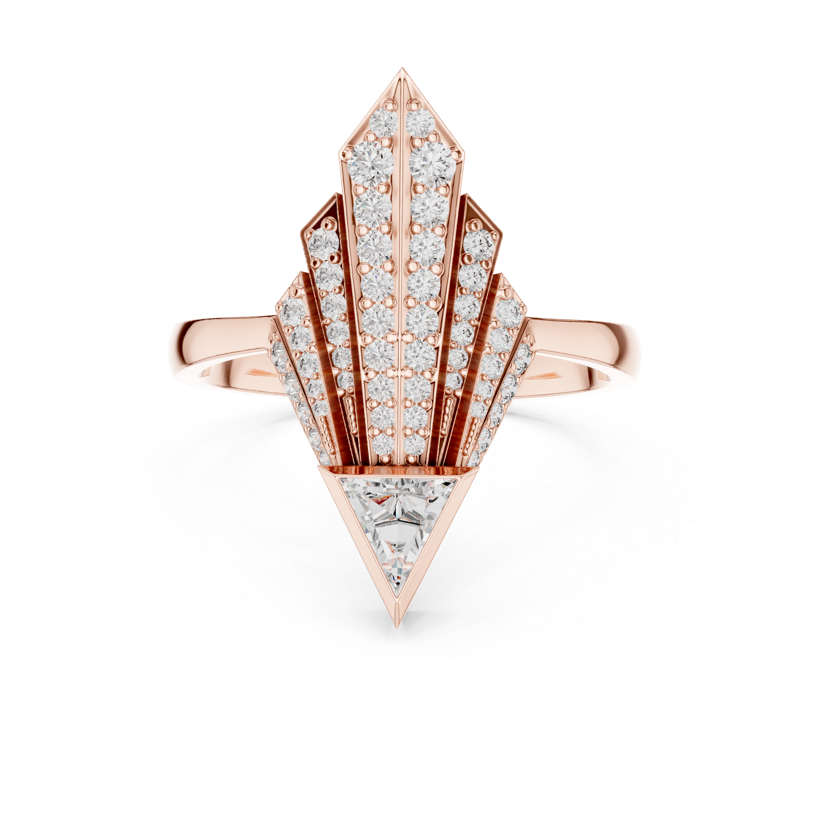 Art Deco Spear Fan Diamond Ring with Triangle Cut Accent