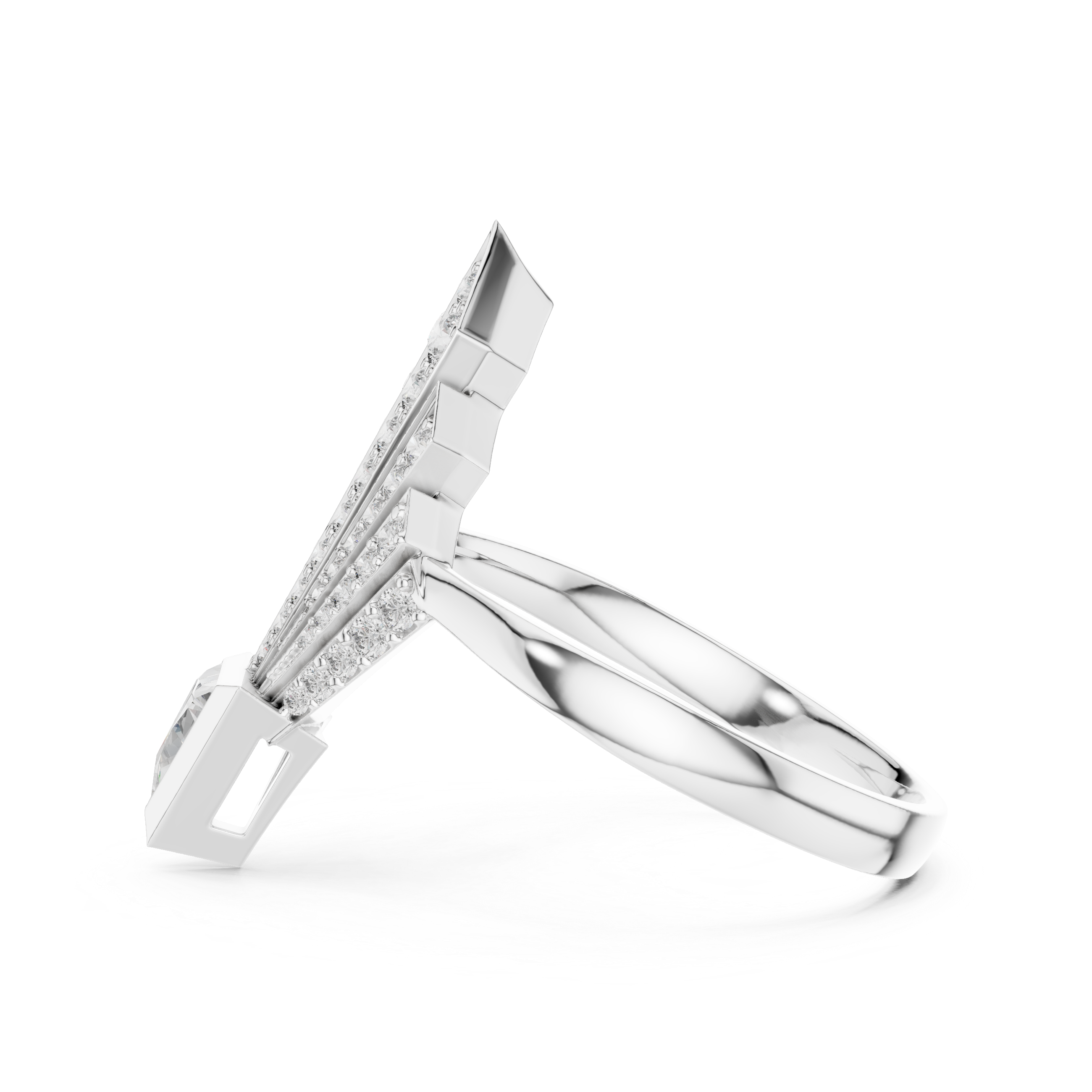 Art Deco Spear Fan Diamond Ring with Triangle Cut Accent