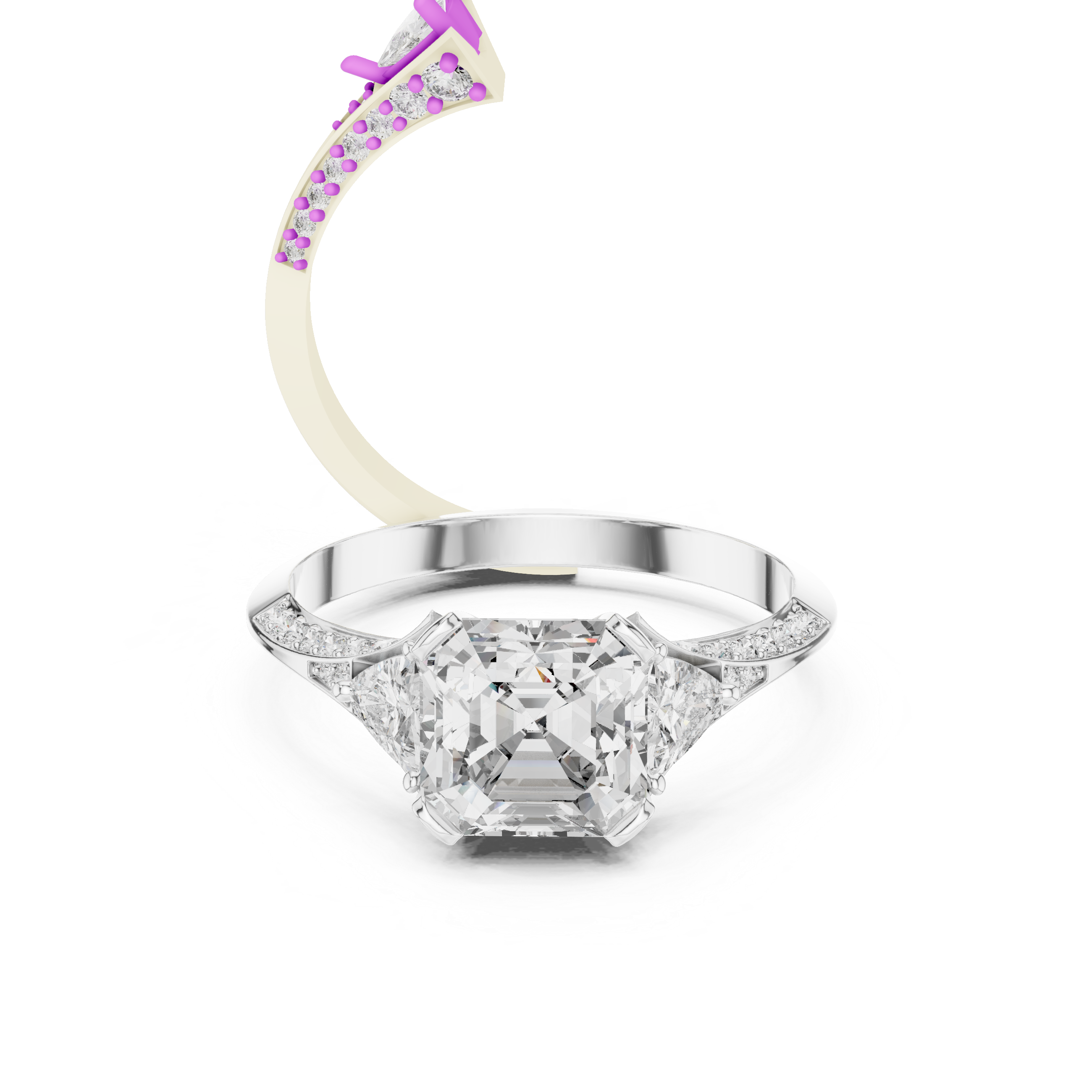 Emerald Cut Three Stone Engagement Ring with Trillion Side Diamonds