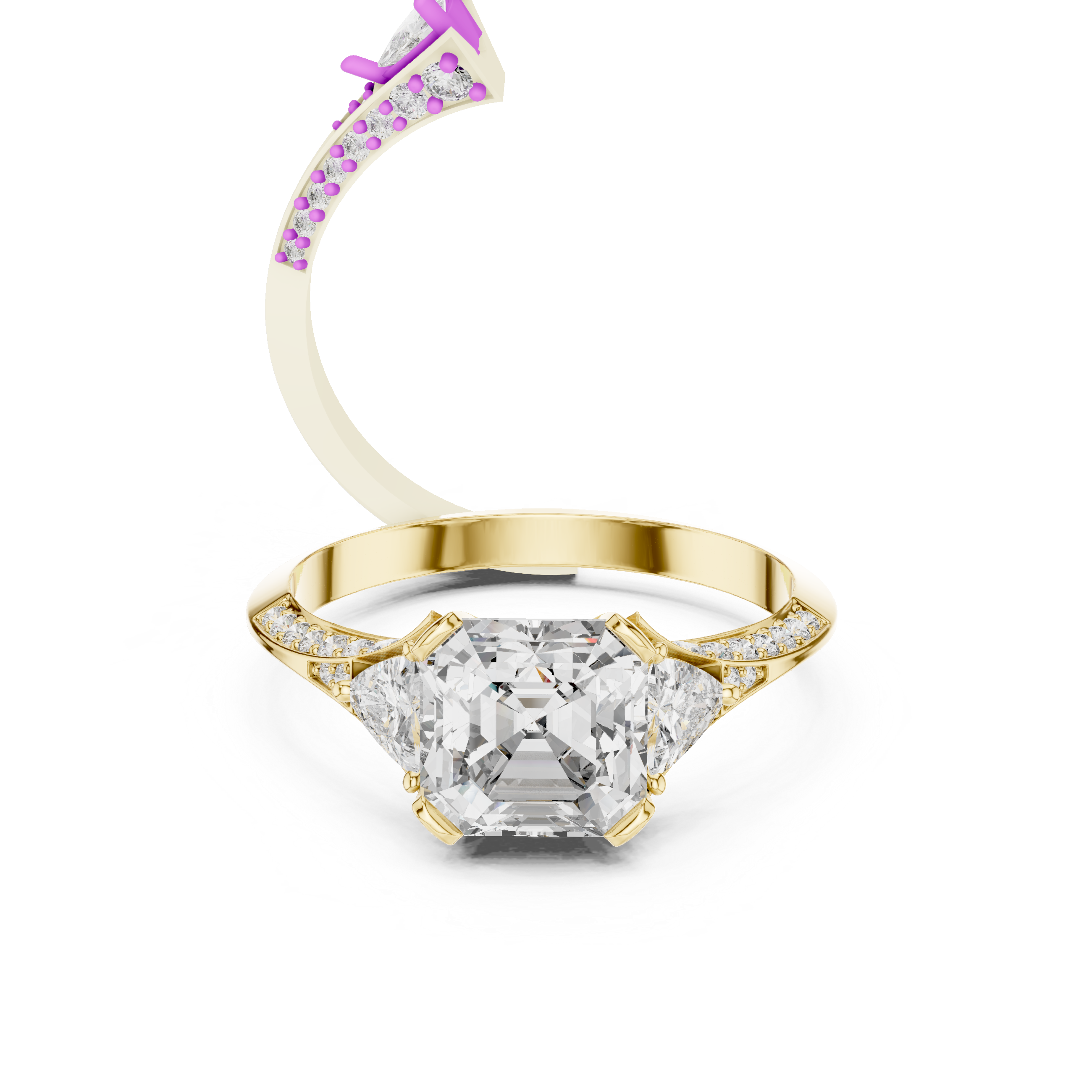 Emerald Cut Three Stone Engagement Ring with Trillion Side Diamonds
