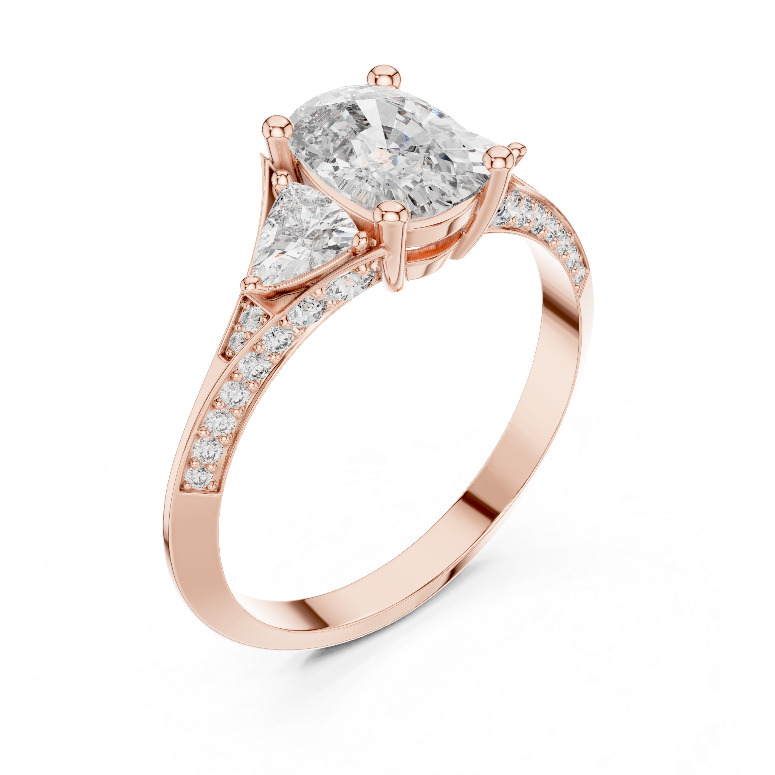 Cushion Cut Three Stone Engagement Ring with Trillion Side Diamonds